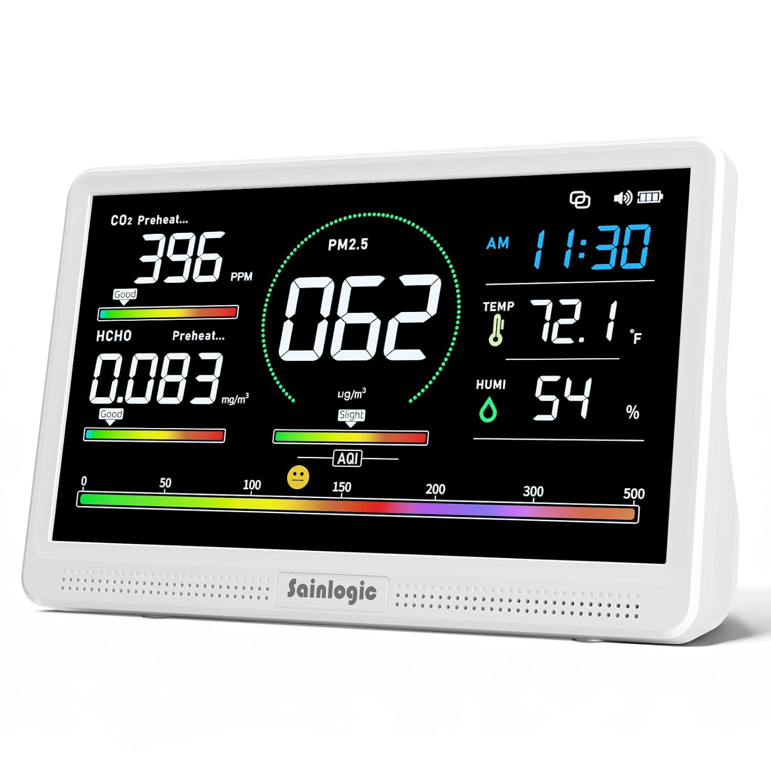 16-in-1 Air Quality Monitor with 7.2" Display and Multi-Color AQI Alerts