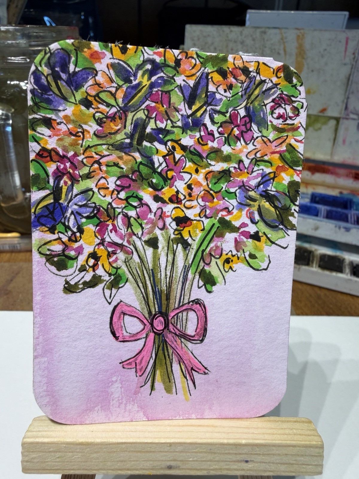 ACEO Original, Signed, Watercolor of a Bouquet Flowers. Artist; one anxious Lady