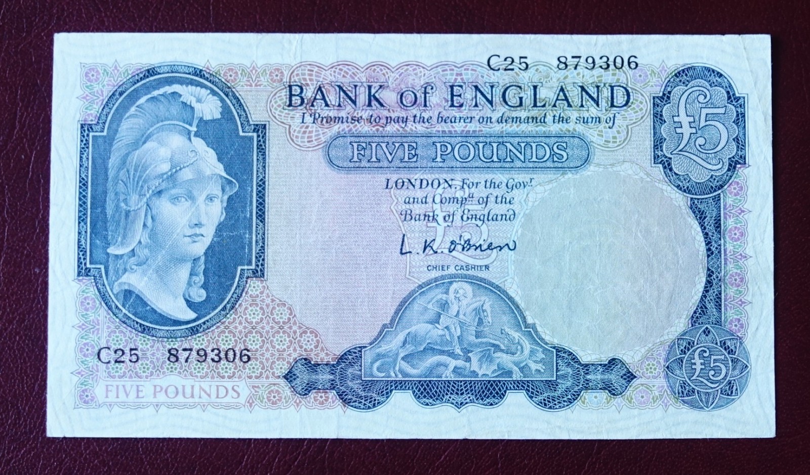 Bank of England £5 Pounds * 1961 * O'Brien -{ C25 879306 }- B280