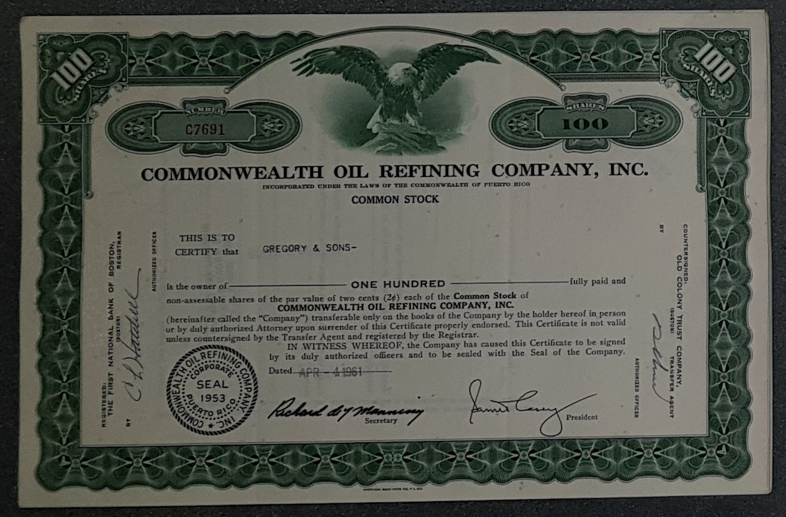45 X Commonwealth Oil Refining Company, Inc. 1961 100 shares
