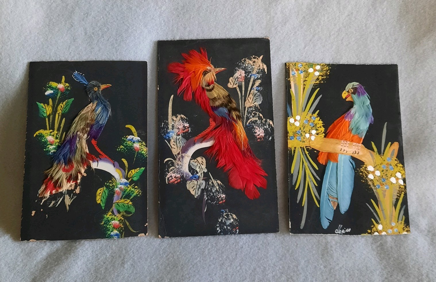 3 Feather Paintings Red Blue Birds Mexican Folk Art Vintage 4" x 6" Small Art