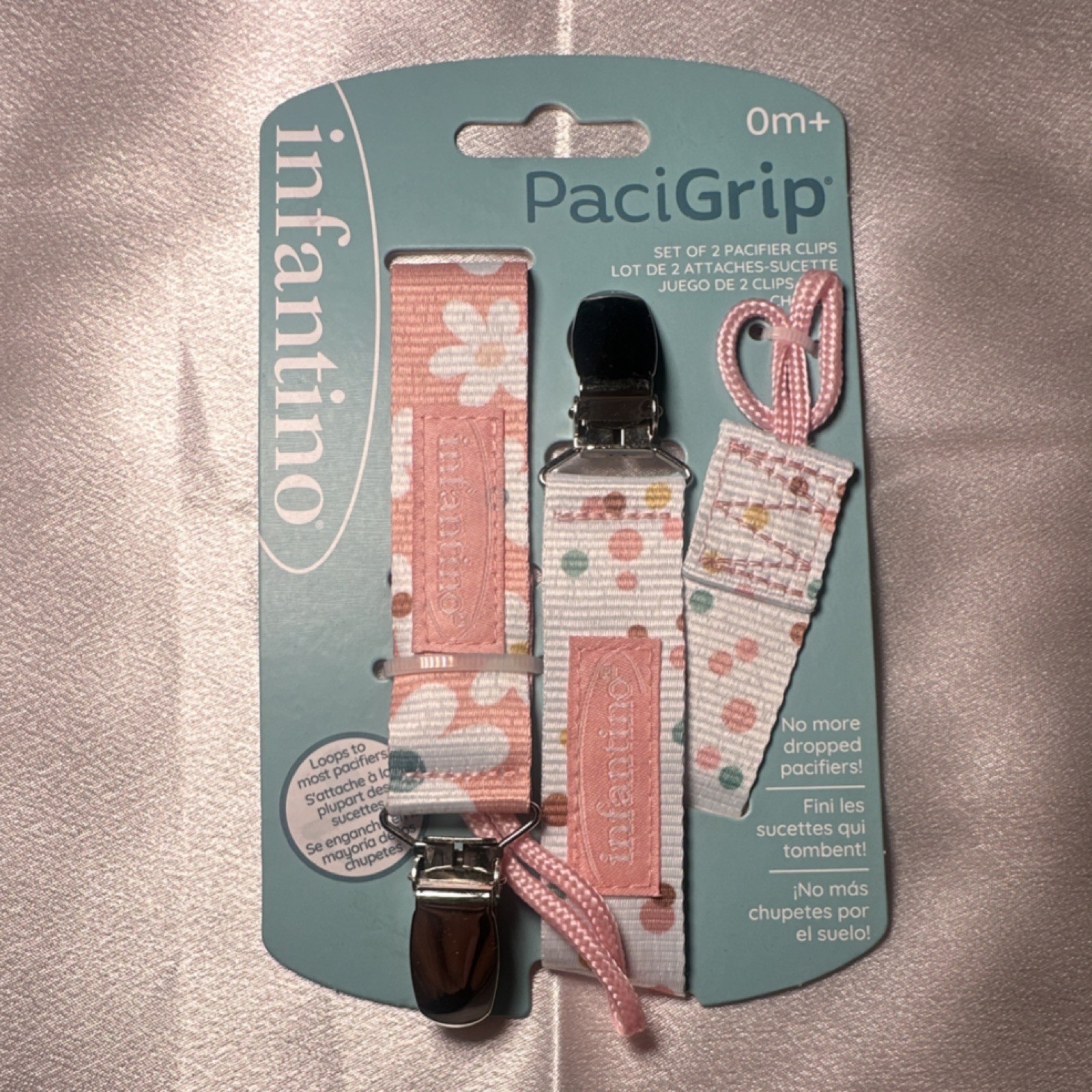 Infantino PaciGrip Pacifier Clips Set of 2 Pink Floral Polka Dot Loops