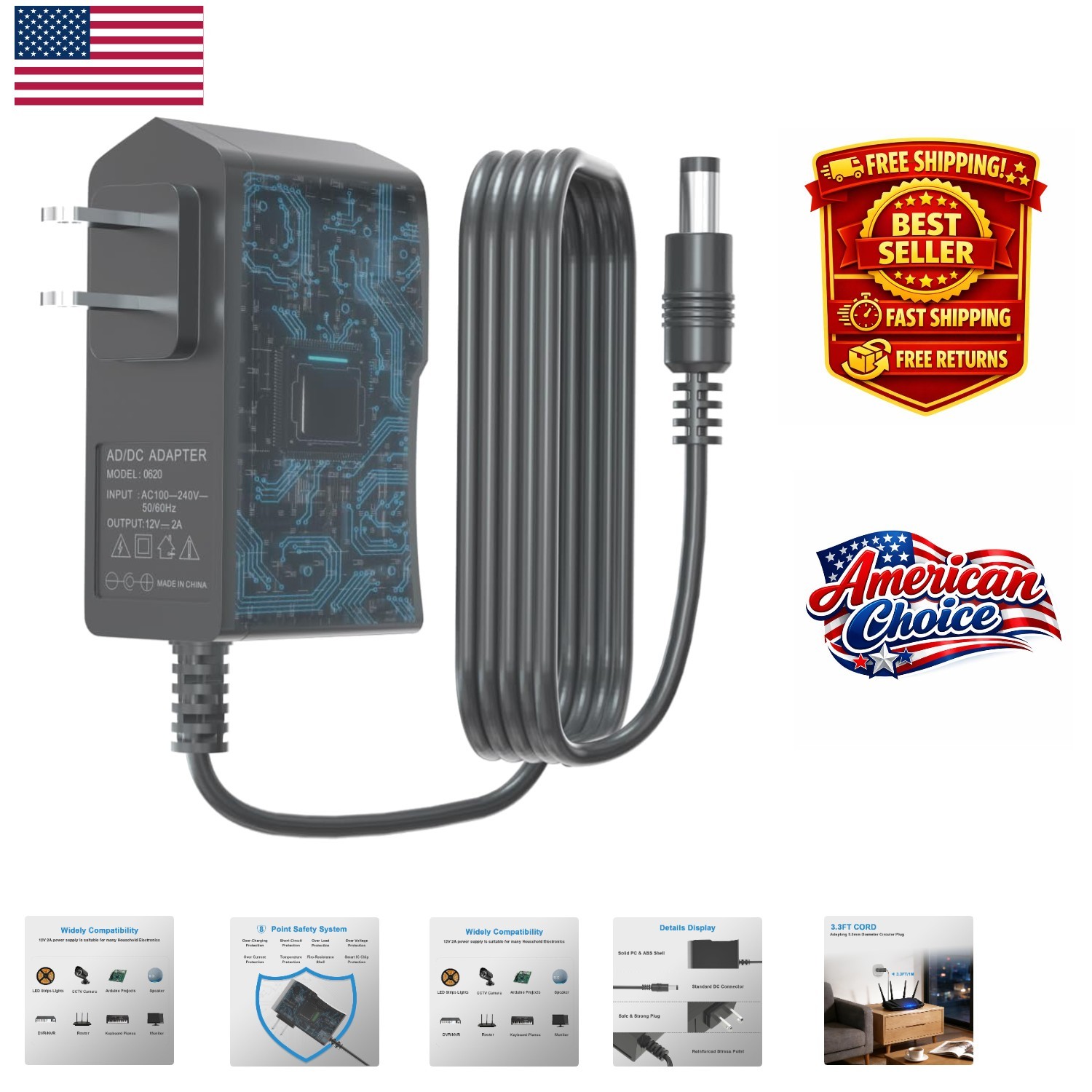 Compact 12V 2A AC to DC Power Supply - Plug-In Charger for Monitors & Cameras