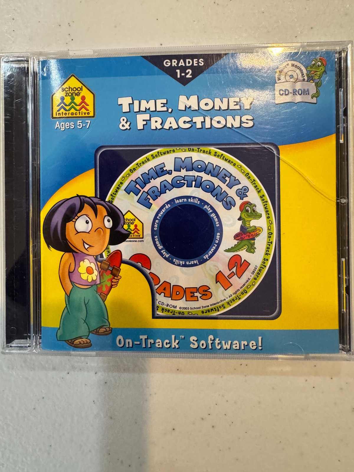 School Zone Time Money & Fractions 2004 PC Mac CD-ROM Game Grades 1-2 Ages 5-7