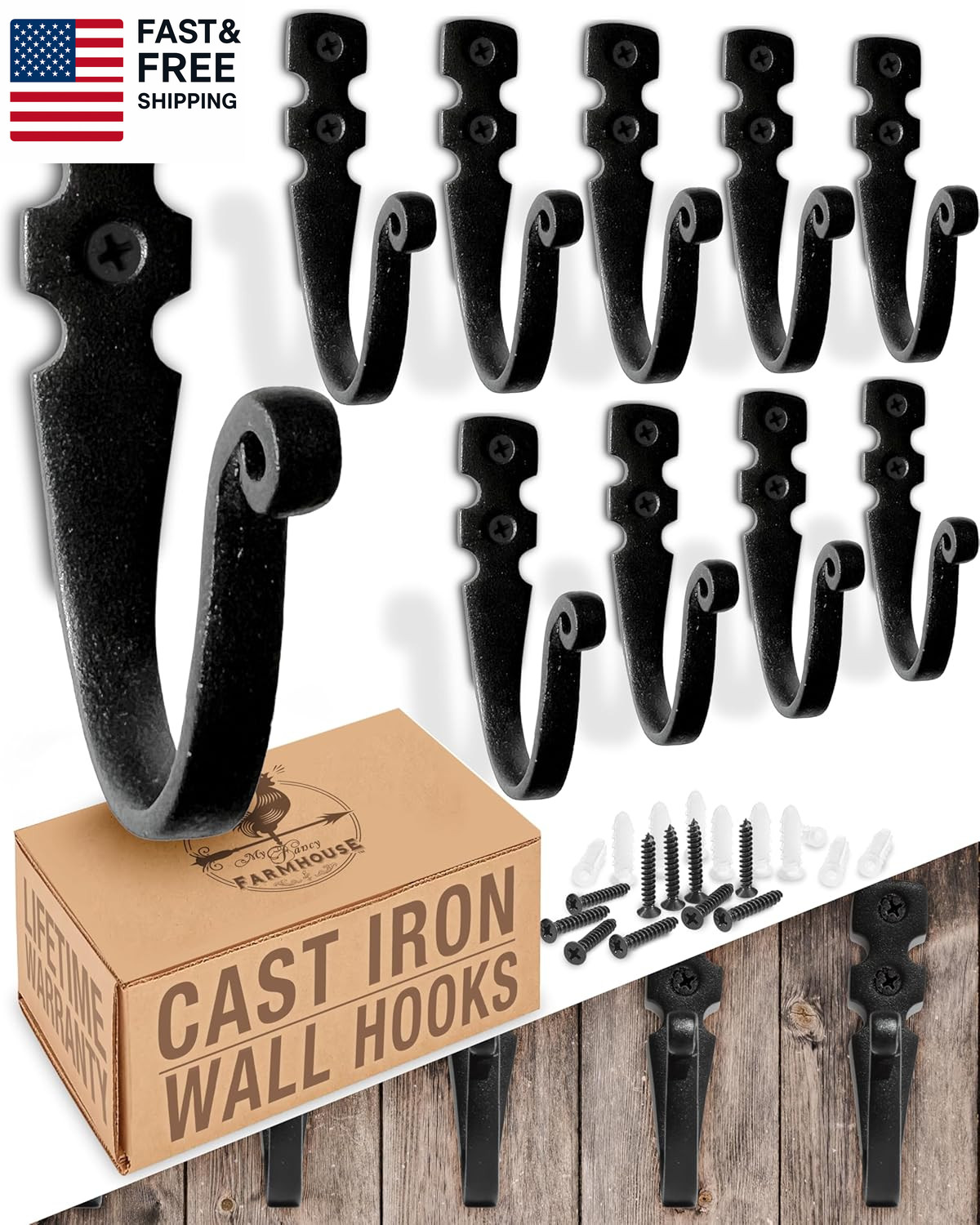 Cast Iron Wall Hooks (10 Pack) Handmade Blacksmith - Wall Mounted J Hooks - Far