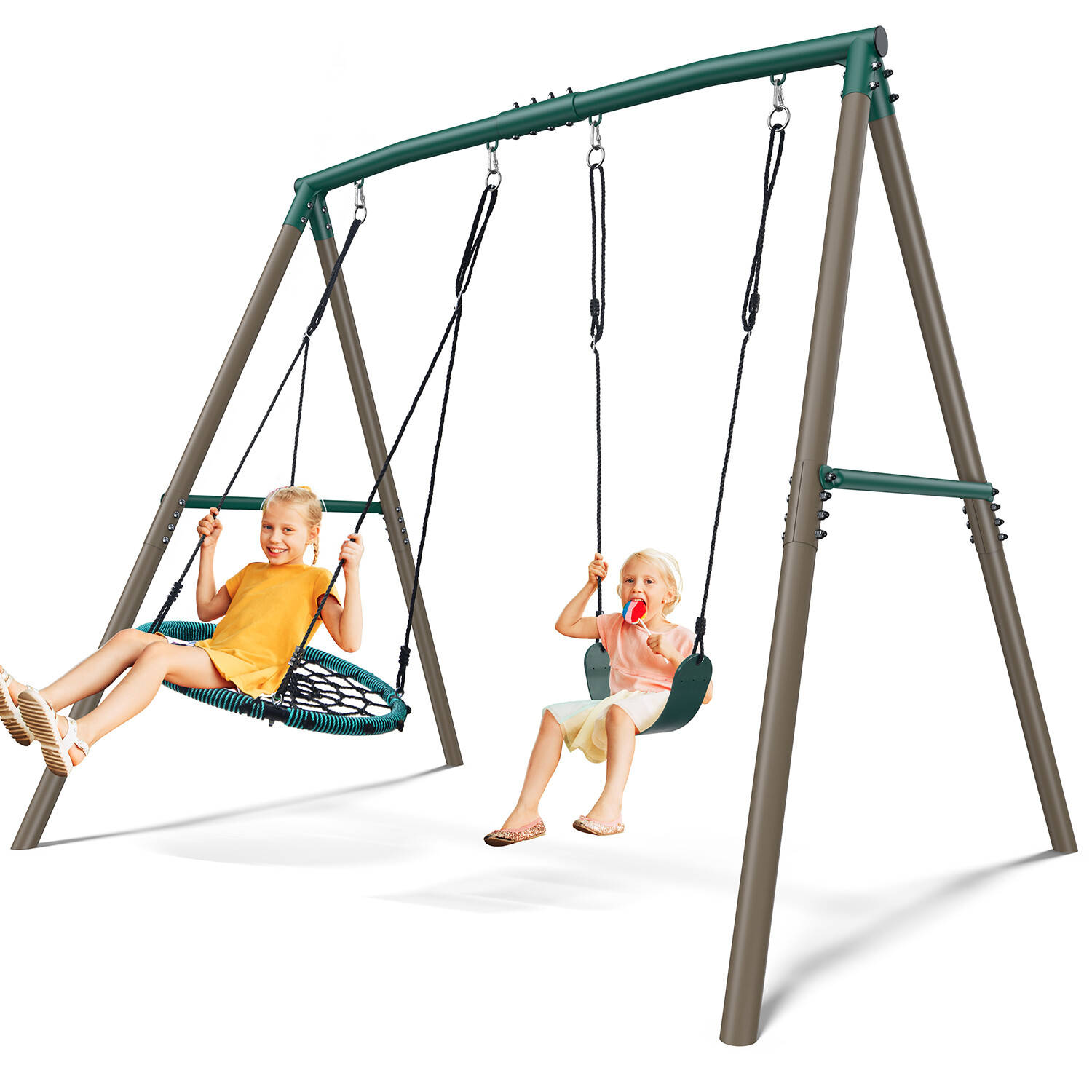 Heavy Duty 7.5ft Tall Frame Metal Swing Set for Kids Backyard Playset w/2 Swings