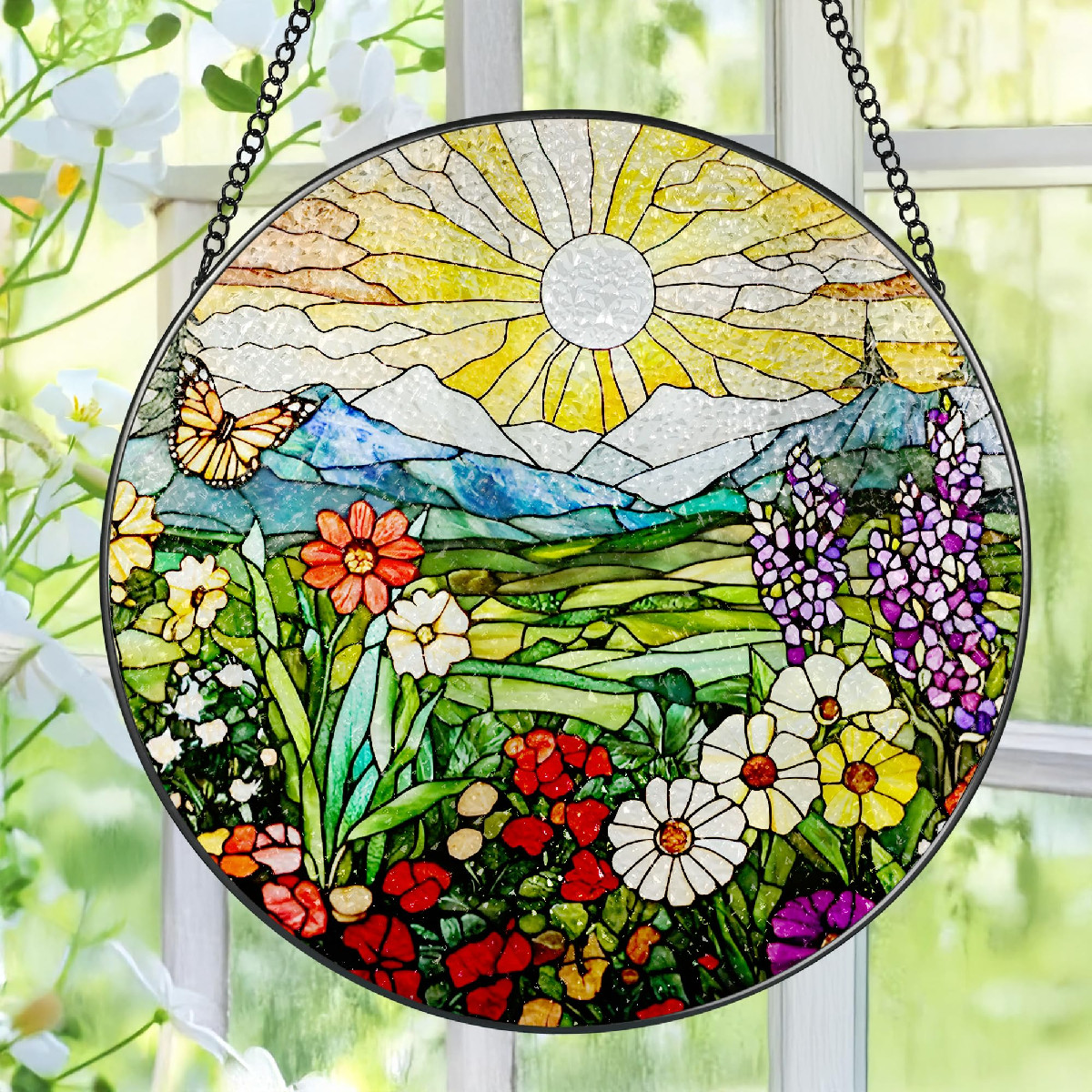 8 Inch Mountain Wildflowers Stained Glass Suncatcher, Suncatchers for Windows Ha