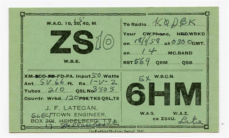 ZS6HM 1958 QSL Card Stellenbosch South Africa
