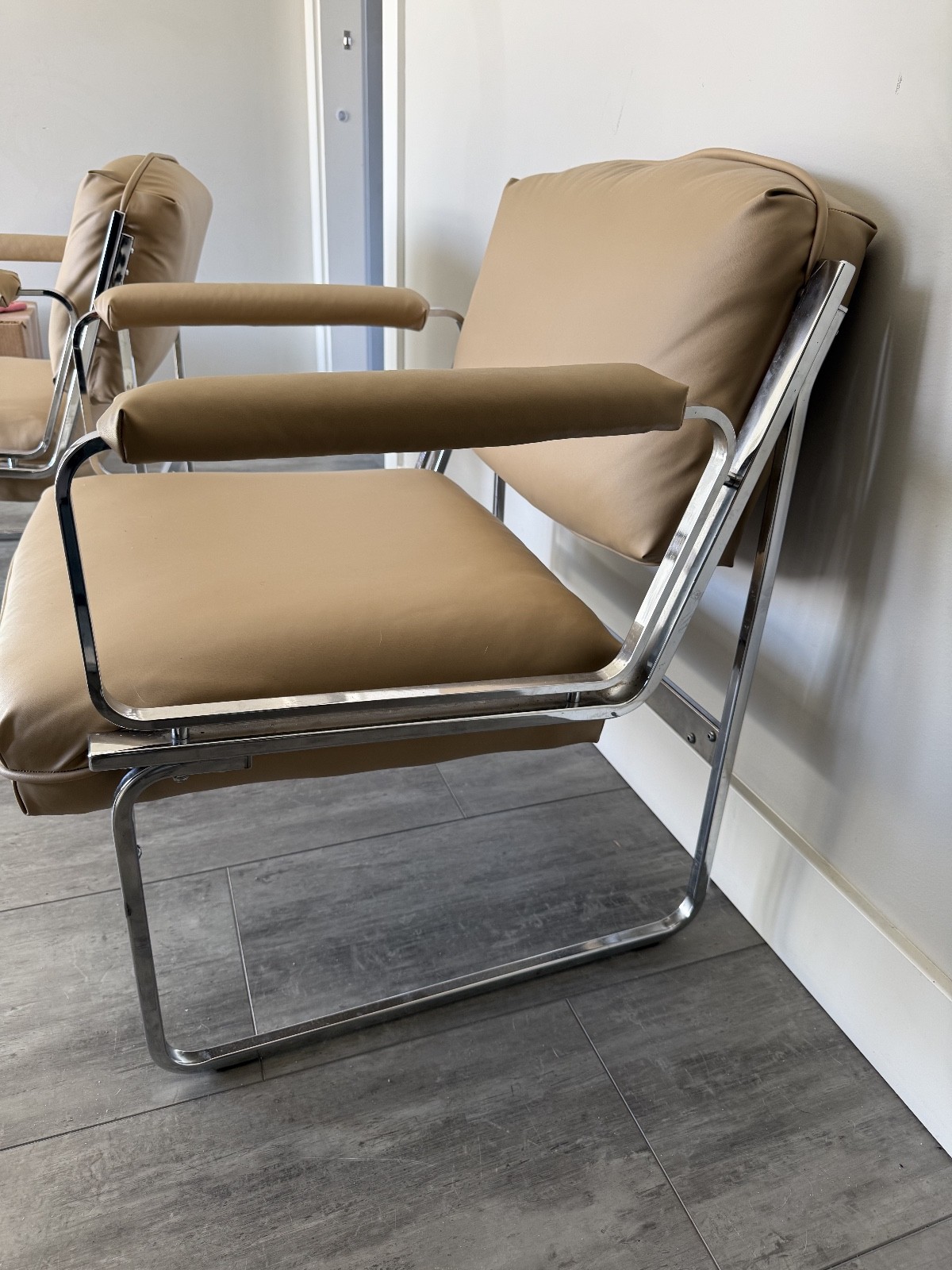 Vintage Milo Baughman Style Chrome and Leather Club Chairs - Set of 2