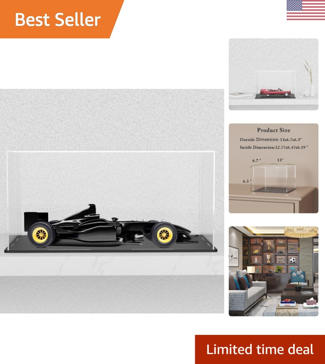 Clear Acrylic Display Show Case with Black Acrylic Base for 1:18 Scale Car Mo...