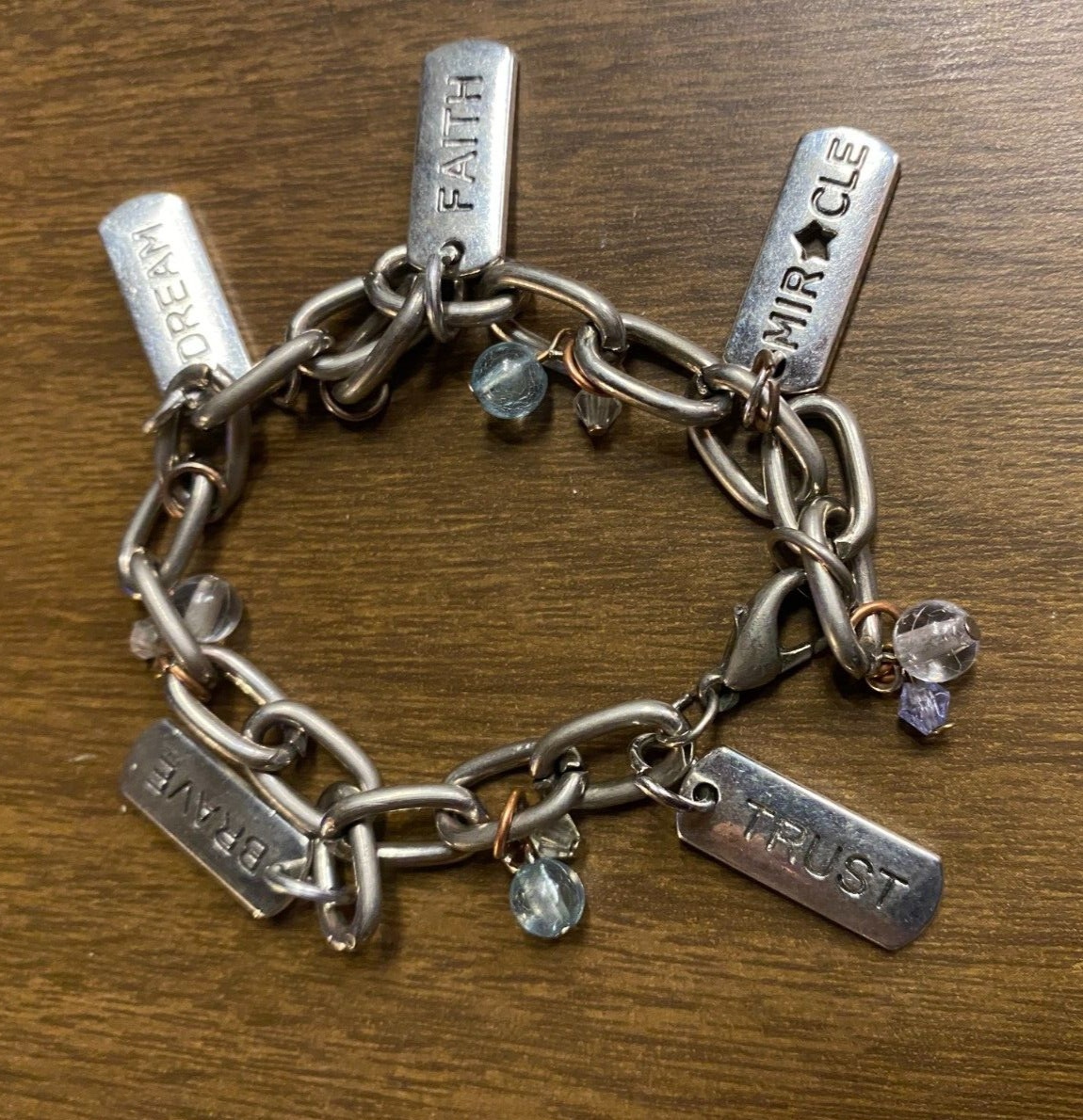 Vintage Silver tone Link TRUST MIRACLE FAITH DREAM BRAVE BRACELET 8"
