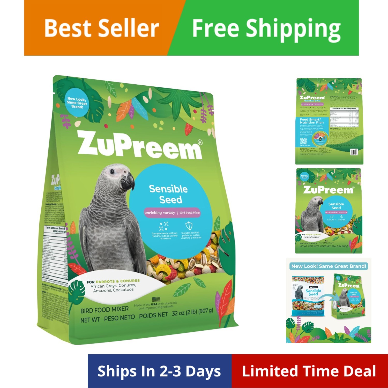 Sensible Seed Bird Food, Parrot, Conure, Caique, African Grey, Eclectus, Smal...