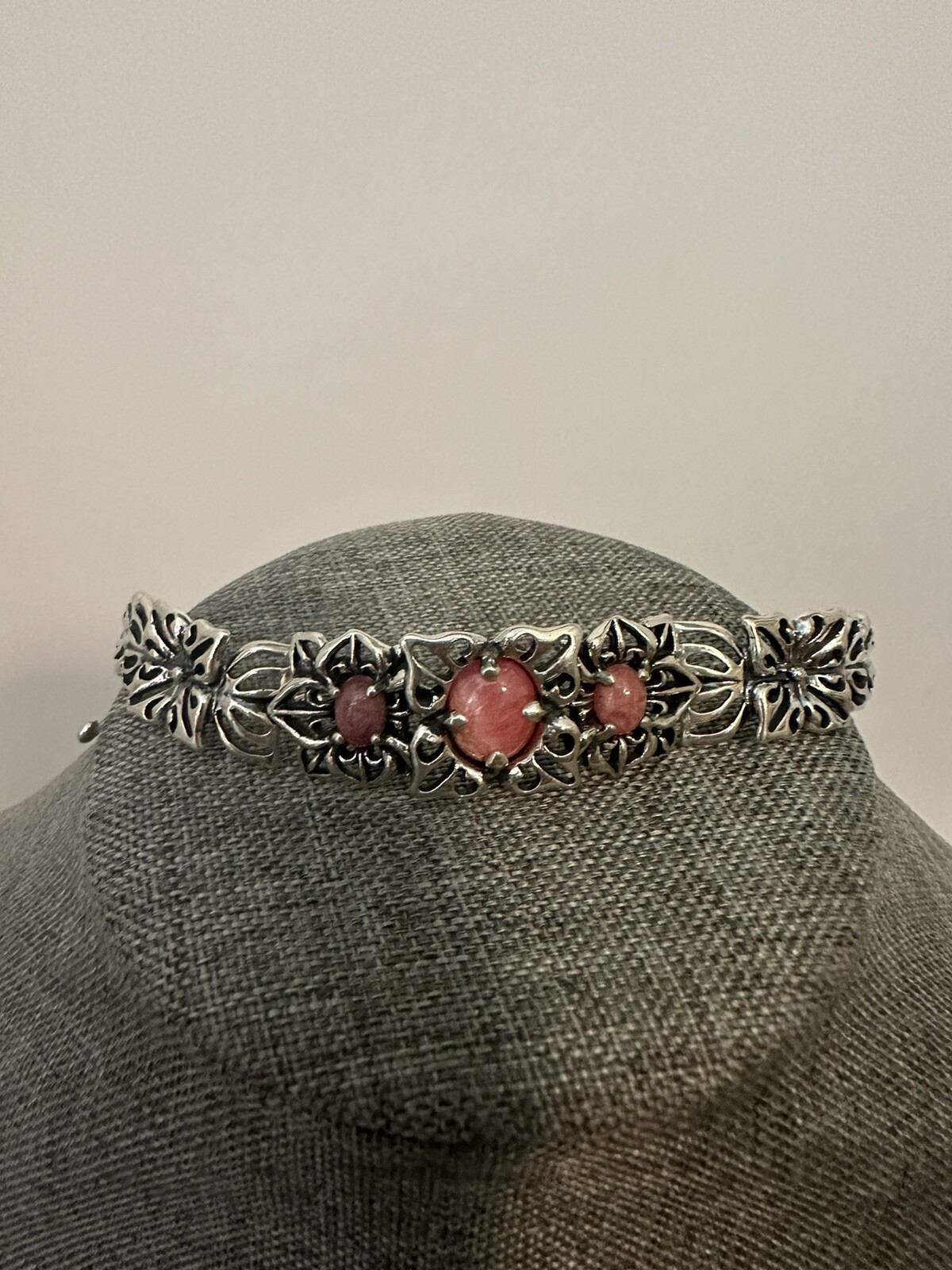 CAROLYN POLLACK 925 Silver Pink Rhodonite Bead Filigree Bracelet toggle