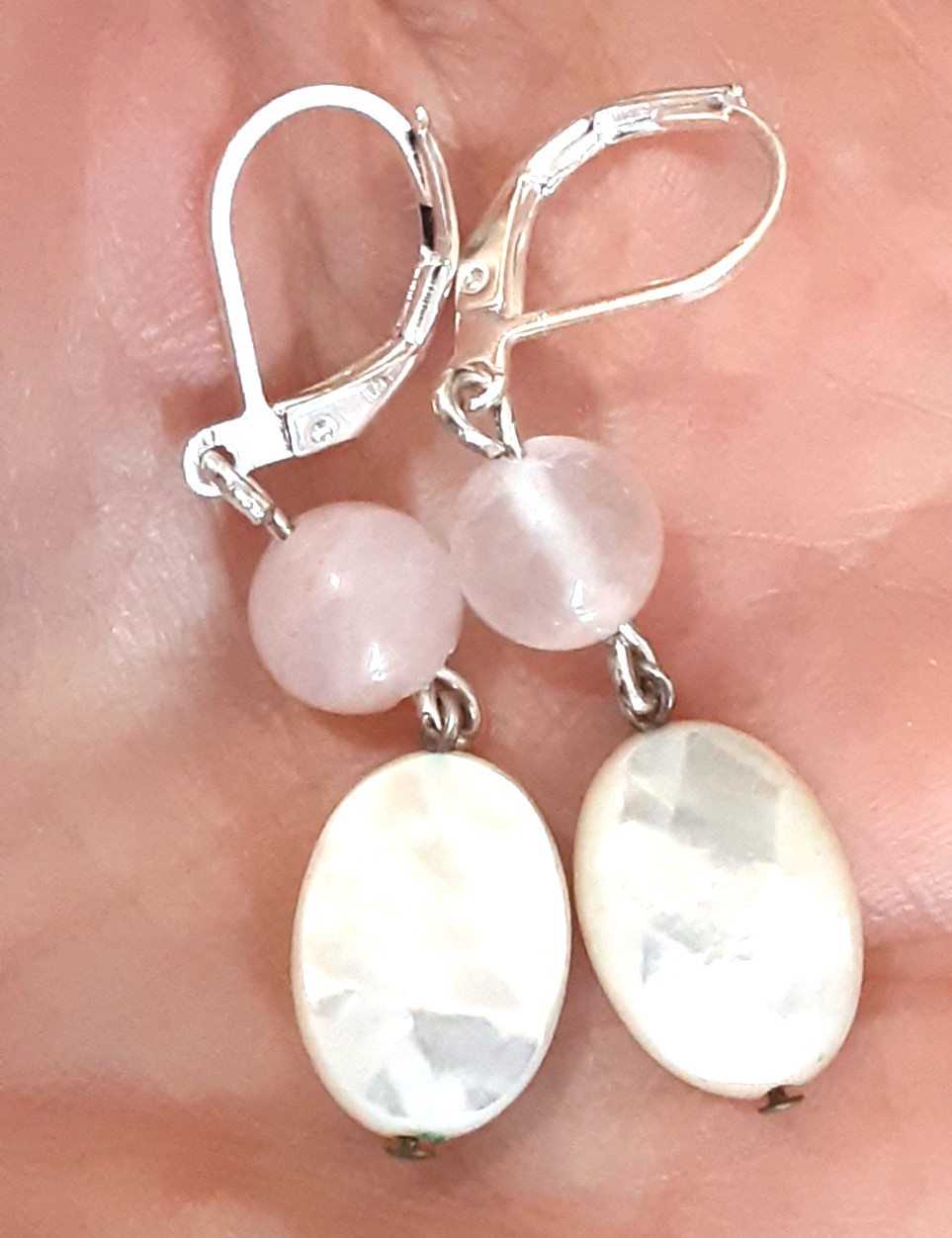 Mother of Pearl Shell Rose Quartz Dangle Leverback Earrings 925 Silver