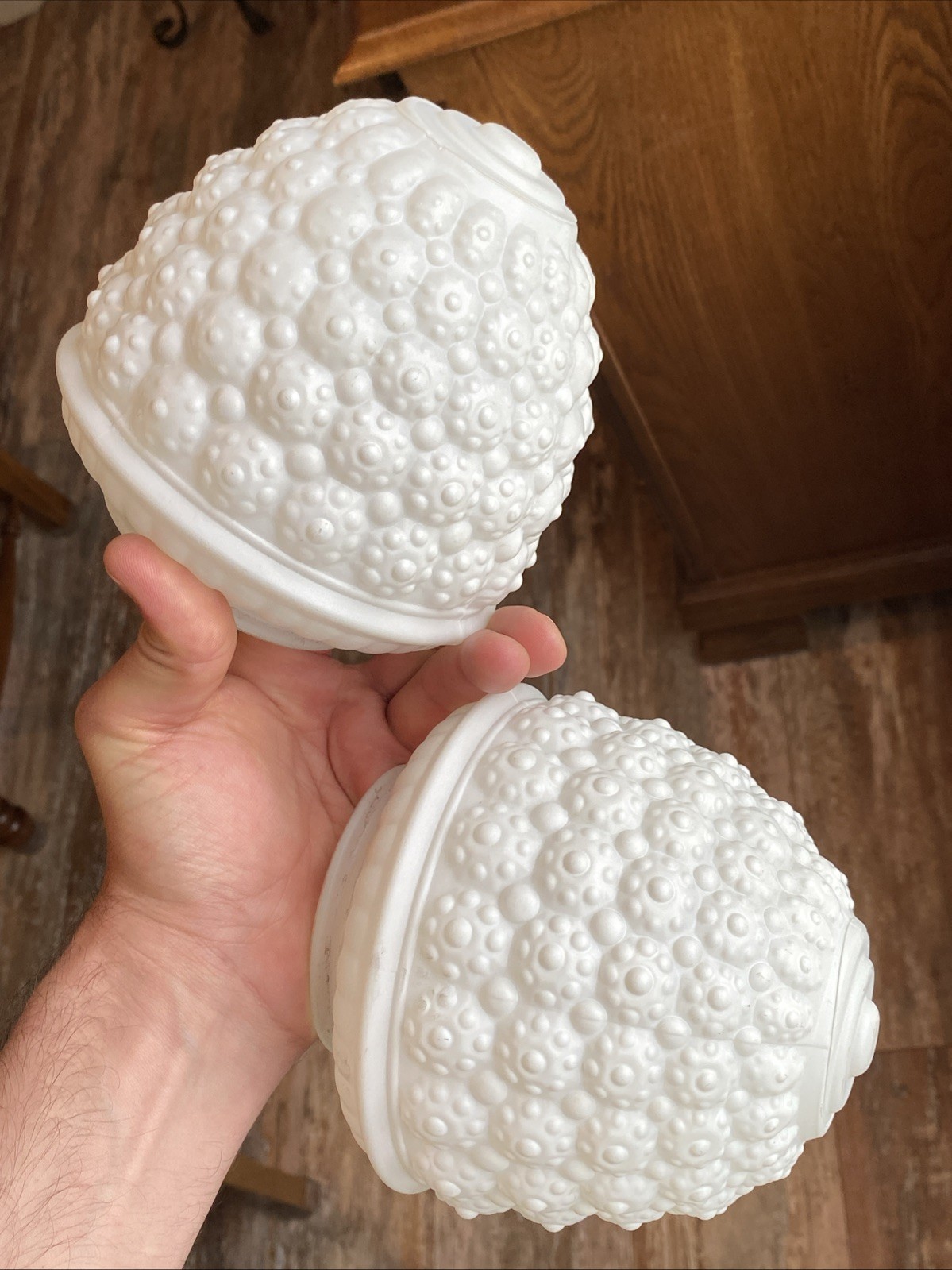 2 VTG HOBNAIL RAISED CIRCLE DOTS White Clear Glass Light Wall Lamp Fixture Shade