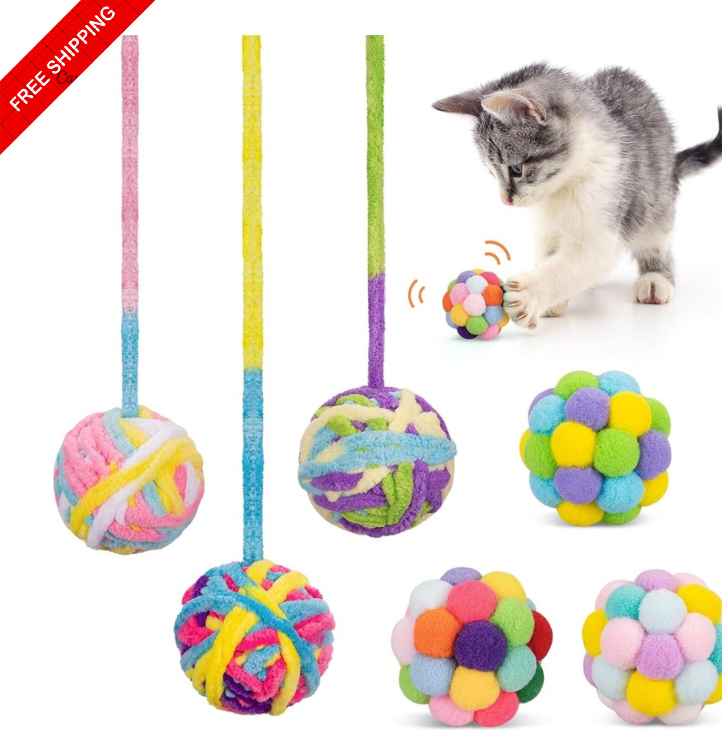Cat Toys Balls, 6Pcs Woolen Yarn Cat Ball Toy with Bell Inside, Interactive Kitt