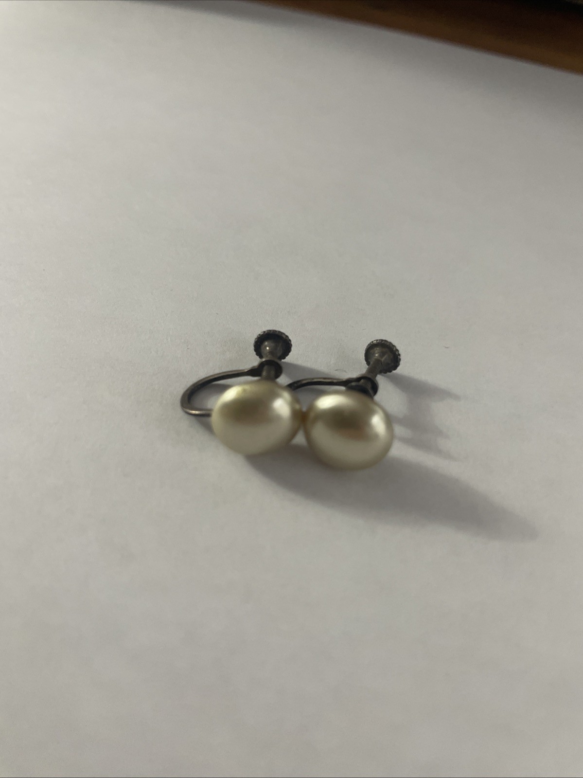 Sterling Silver Screw On Earrings with Single Faux Pearl/vintage
