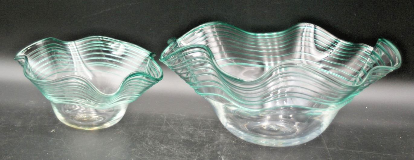 2 Blenko Sea Green  Spiral Swirl Thread Ruffled Edge Clear Glass 12x4 3/4" 7x3.5