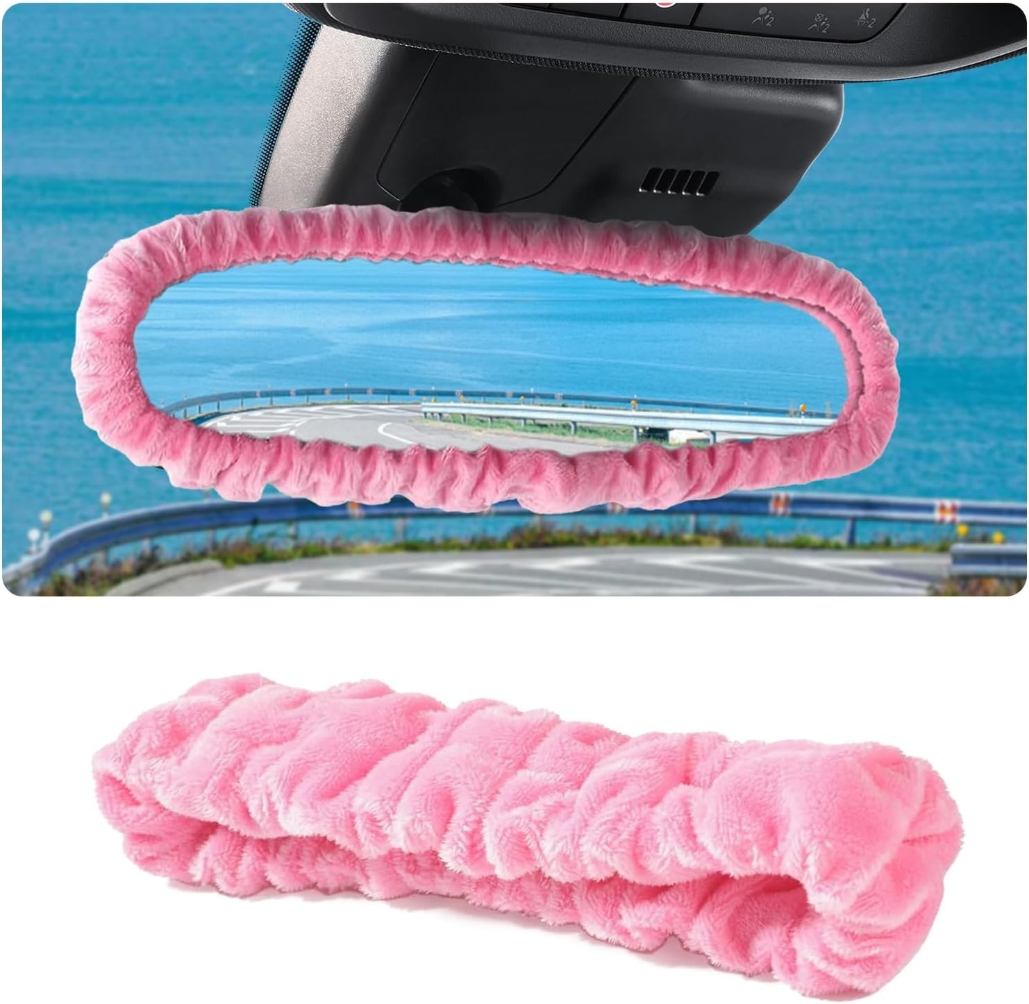 Car Rearview Mirror Cover, Pink Plush Elasticity Rear View Mirror Decorative 
