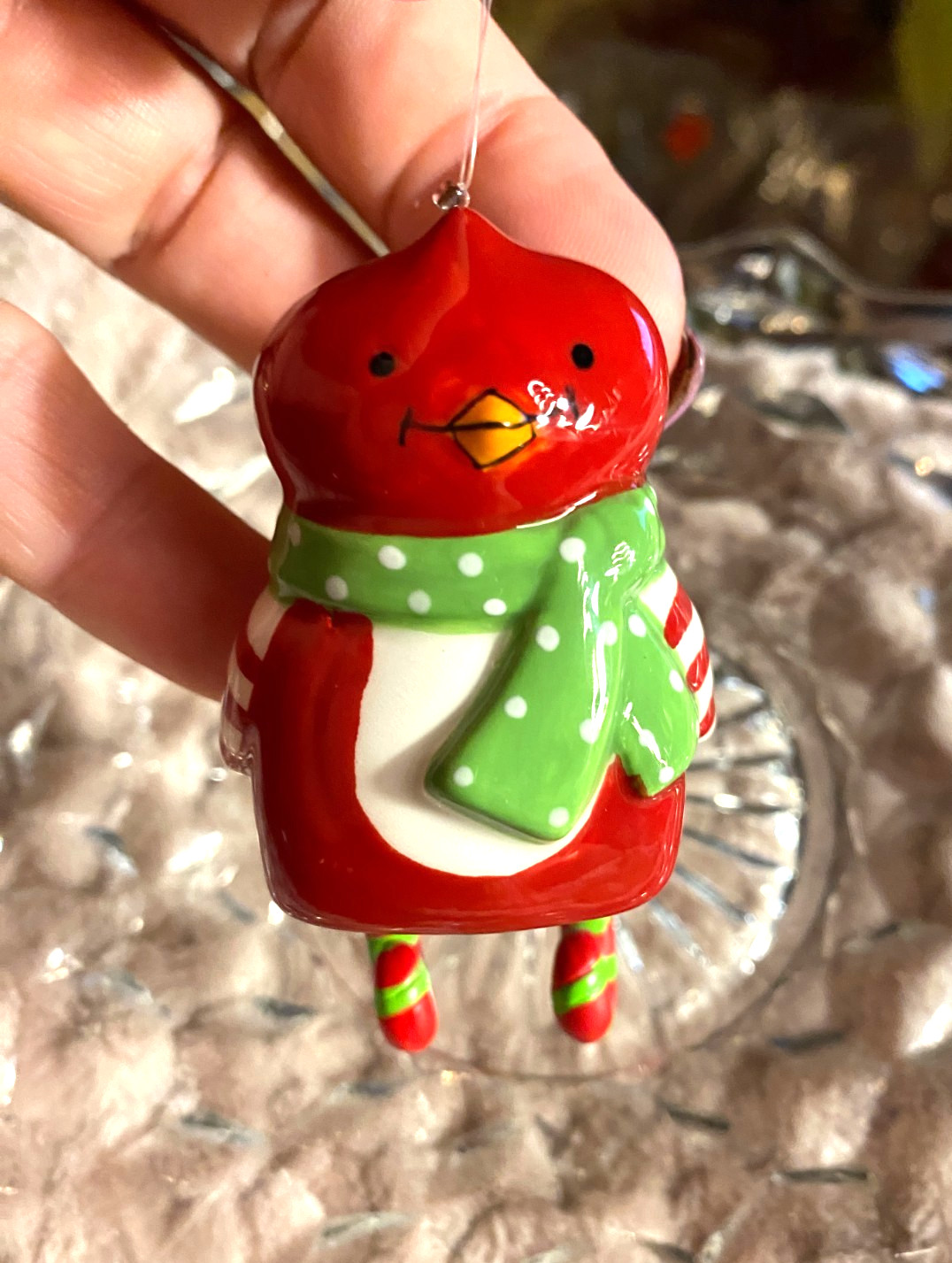 Red Bird Bell w Dangle Feet Porcelain Mini Christmas Ornament 3"