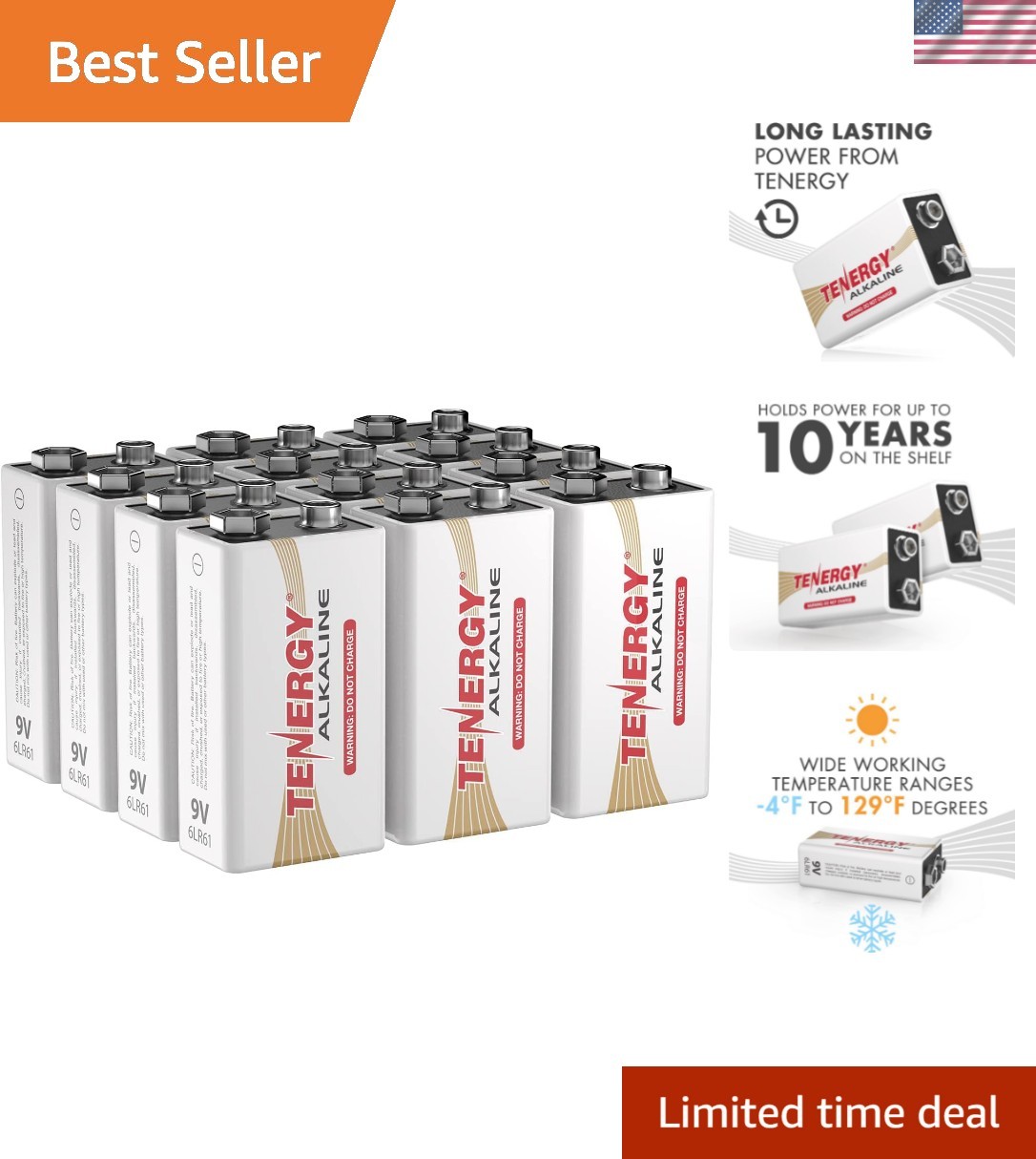 6LR61 9V Alkaline Battery, Non-Rechargeable Battery for Smoke Alarms, Guitar ...