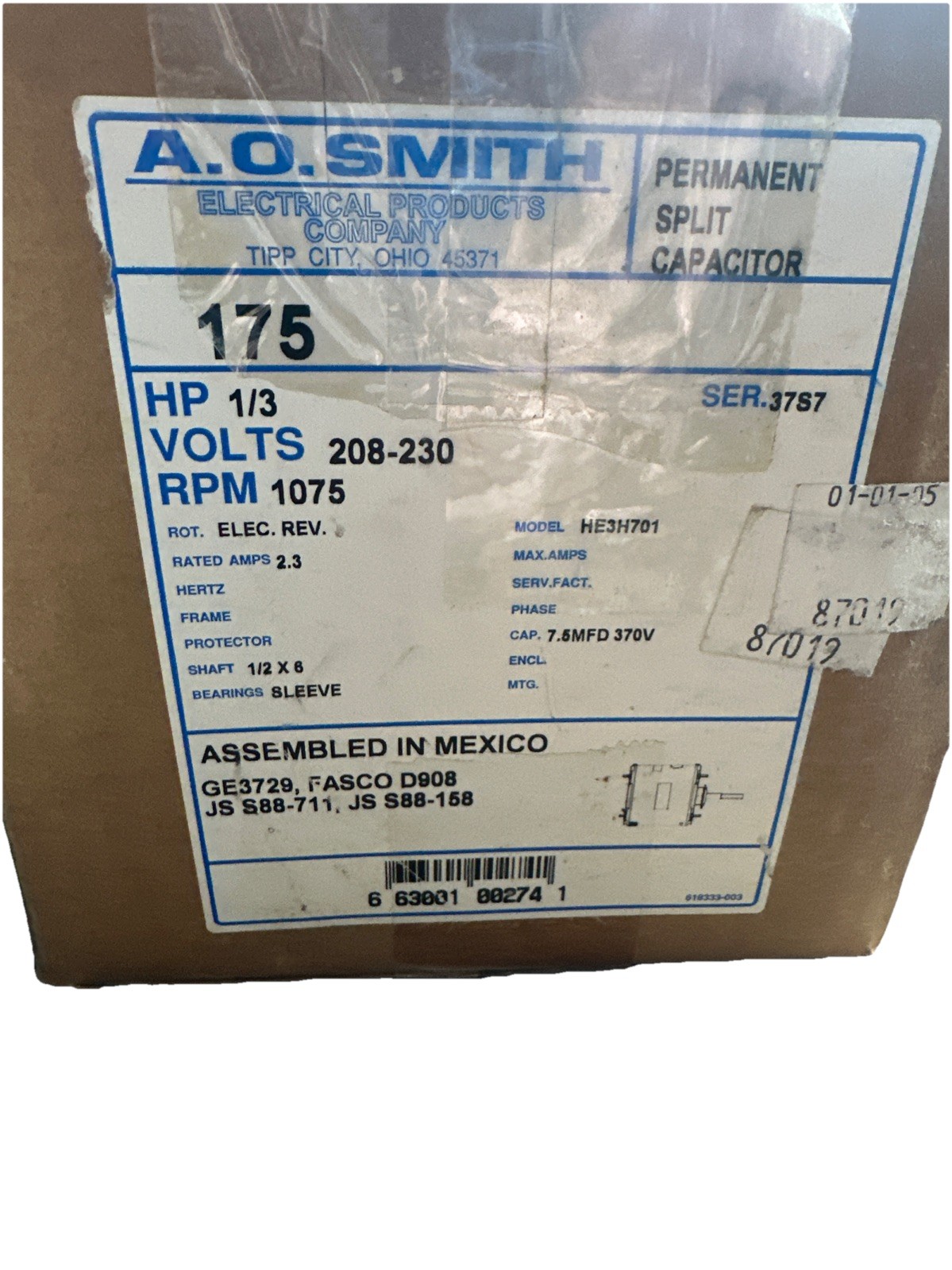 New A.O. Smith Electric Motor 175 HE3H701K  1/3h.p.  1075 RPM. Fasco D908 GE3729