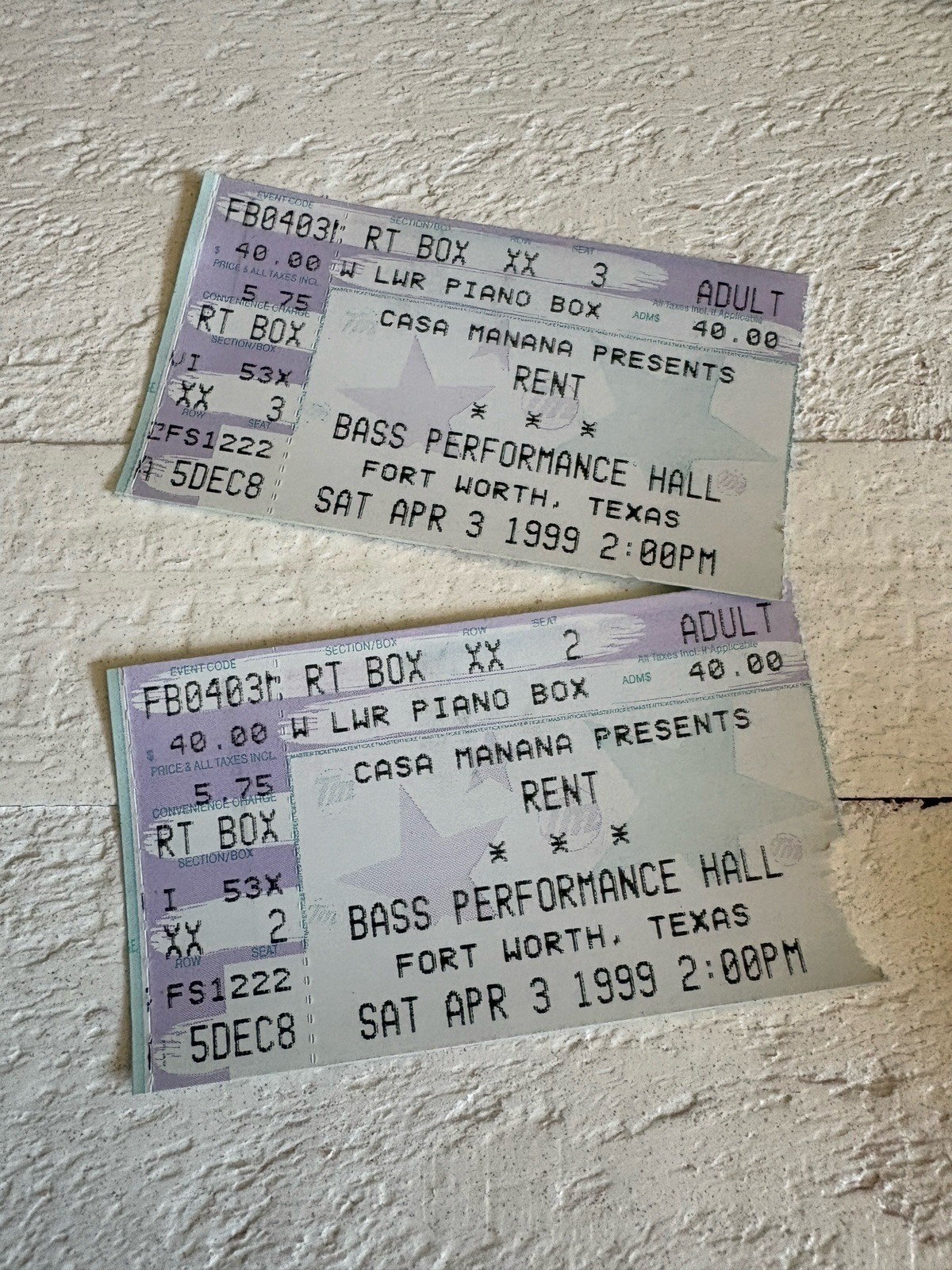 2 RENT Theater ticket stubs Ft Worth April 3, 1999 Bass Performance Hall