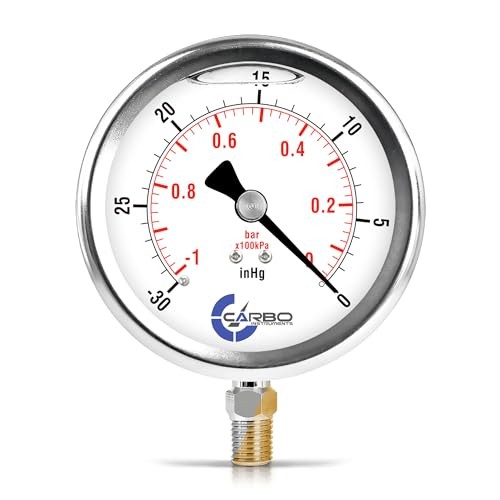Pressure Gauge, Stainless Steel Case, Chrome Plated Brass 4" -30 inHg