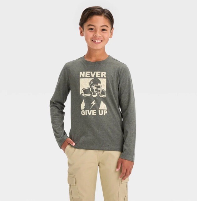 Cat & Jack T-Shirt Boys XL Gray Long Sleeve Never Give Up Football Print New