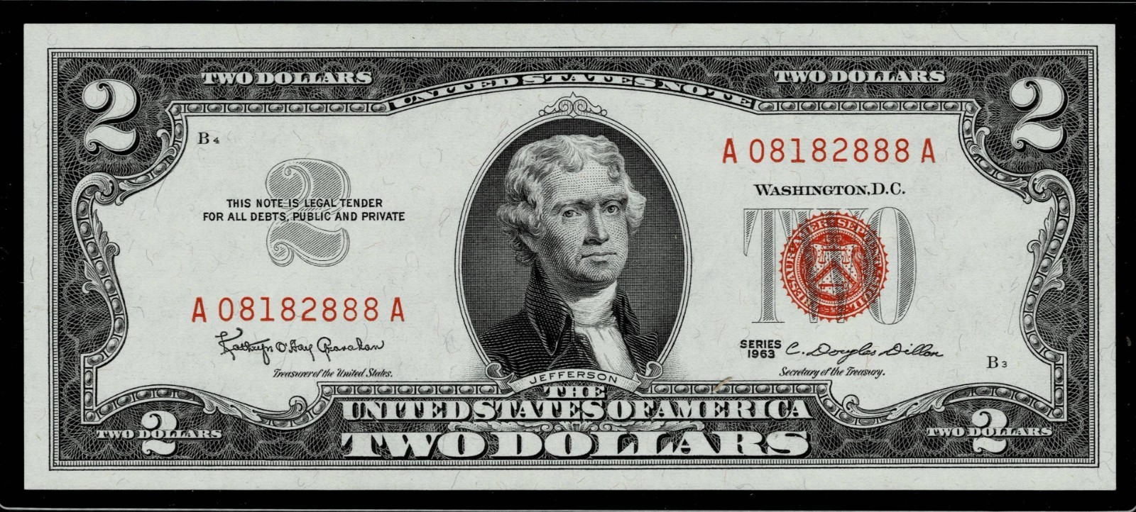 1963 $2 RED SEAL UNITED STATES NOTE ~08182888~ CRISP ~ UNCIRCULATED