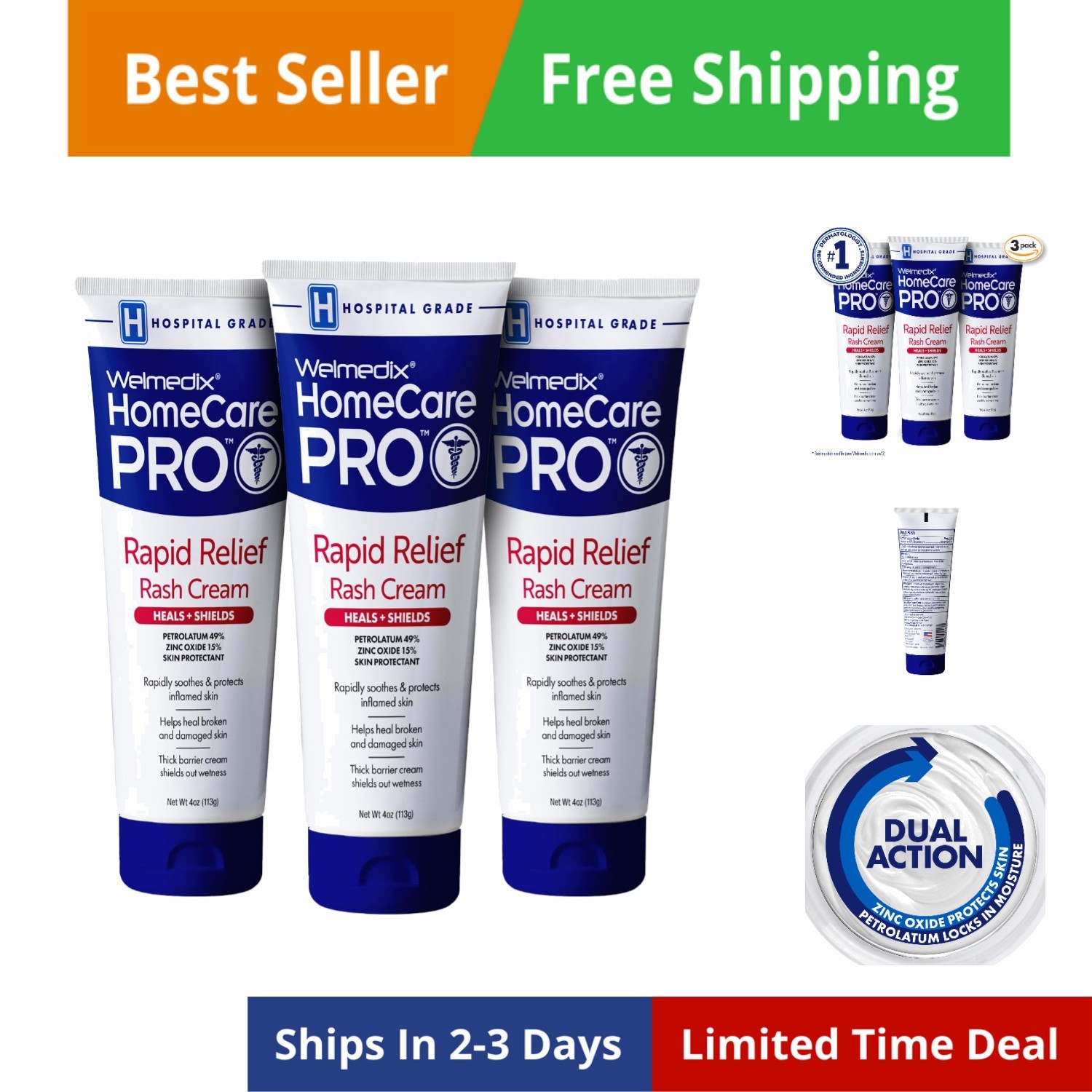 Rapid Relief Diaper Rash Cream with Zinc Oxide, Hospital Grade Barrier Cream ...