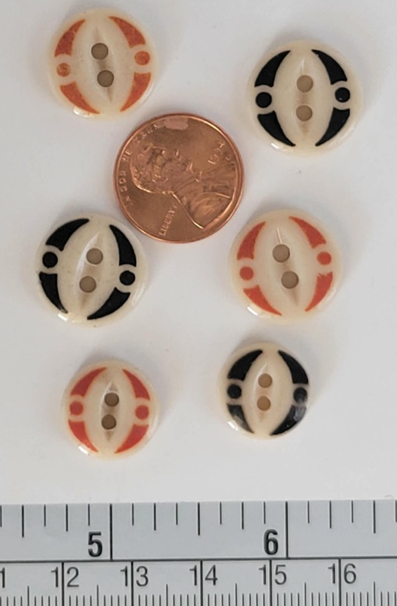 6 ANTIQUE #6 CHINA STENCIL buttons--ORANGE/BLACK-- 2 MEDIUM/4 LARGE