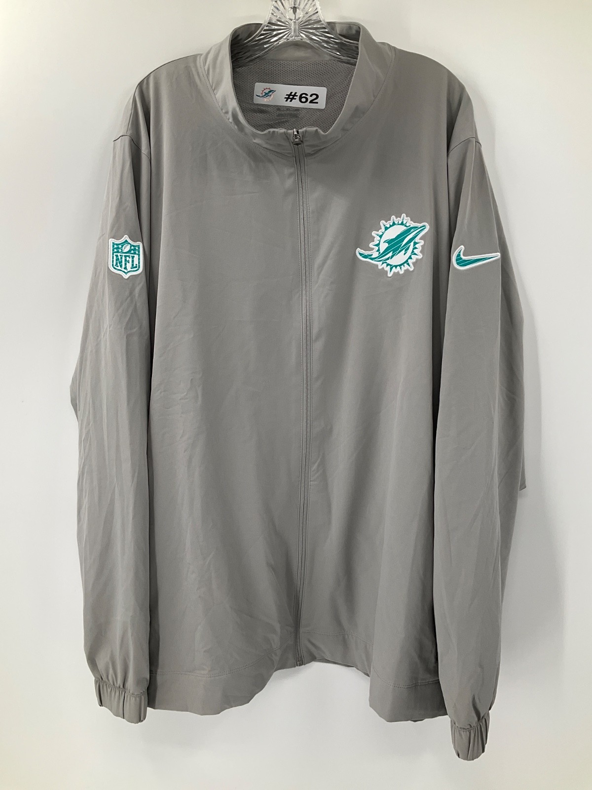 #62 MIAMI DOLPHINS GAME USED GREY NIKE FULL ZIP TRAVEL JACKET SIZE: 3XL