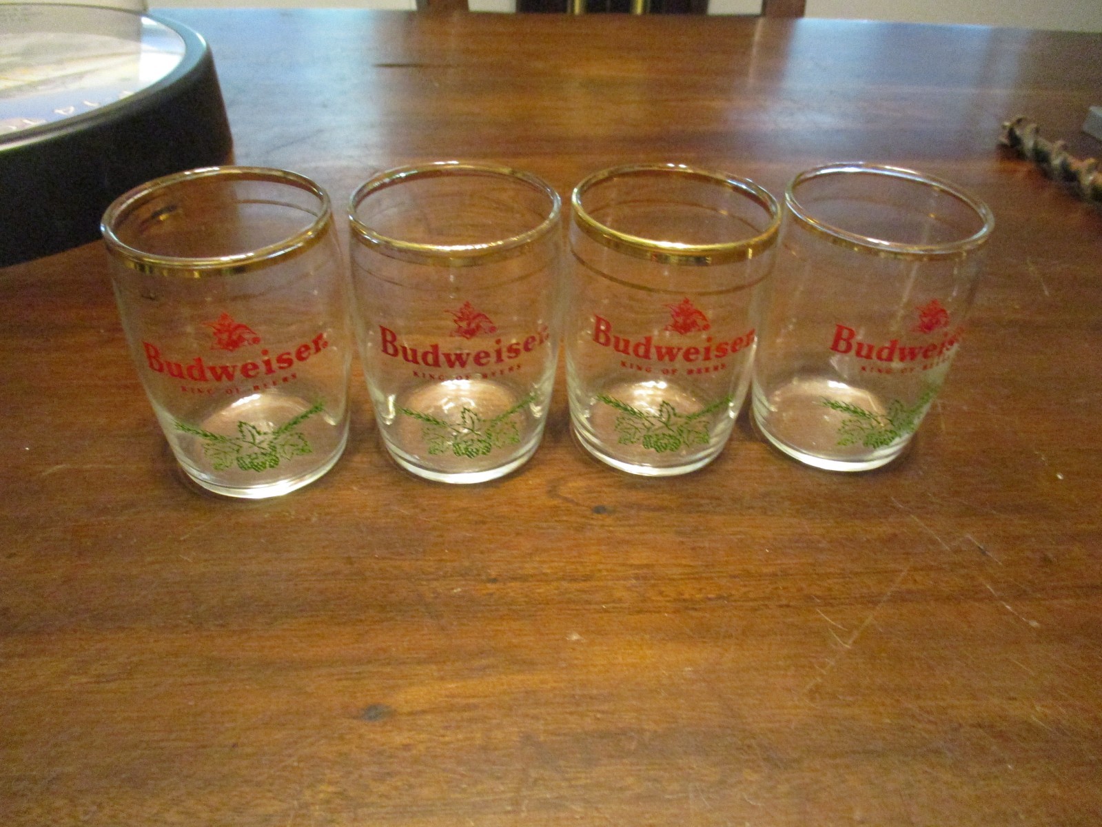 4 Vintage Budweiser King of Beers gold trim small barrel sampler 3'' glasses