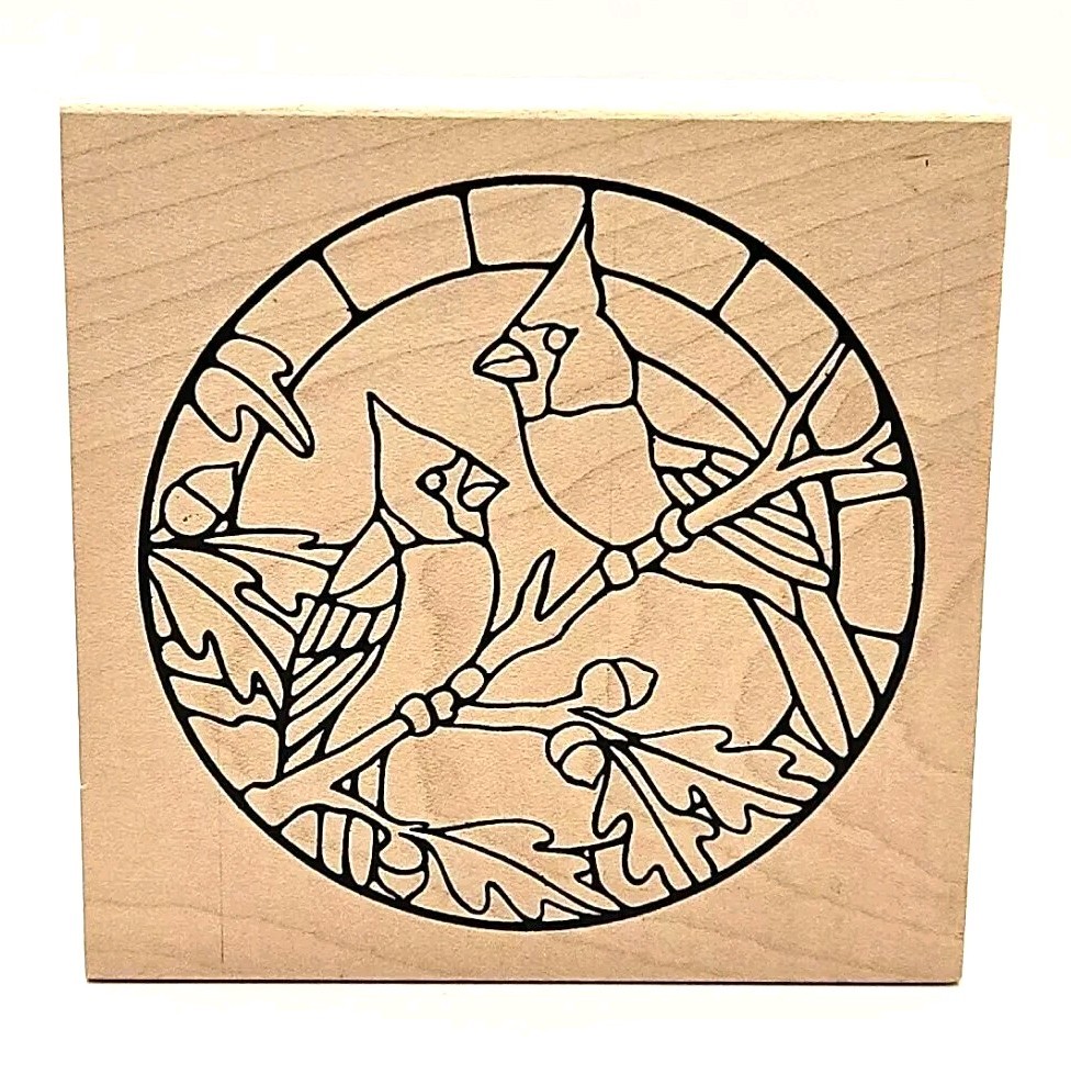 STAINED GLASS CARDINALS Judikins Rubber Stamps 2359H Christmas Birds Winter d111