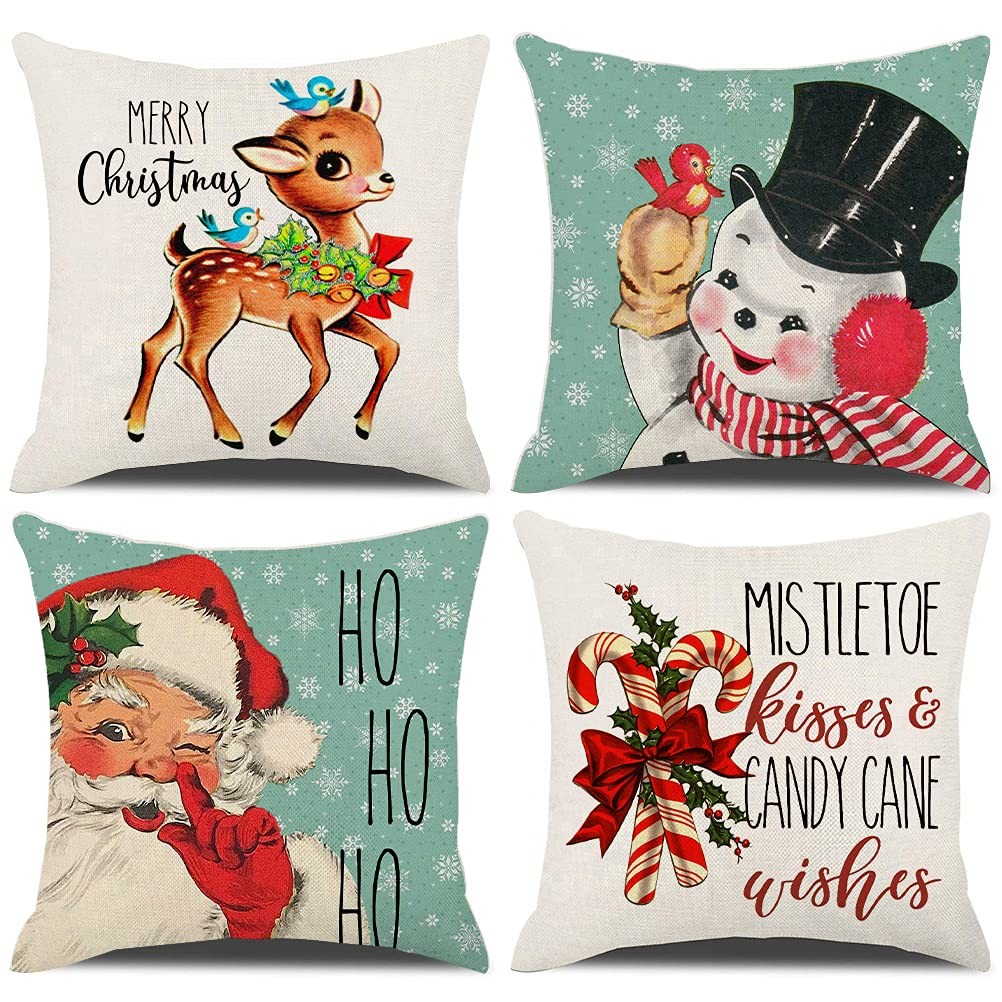 Christmas Decorations Pillow Covers 16×16 Set of 4 Snowflake Santa Snowman De...