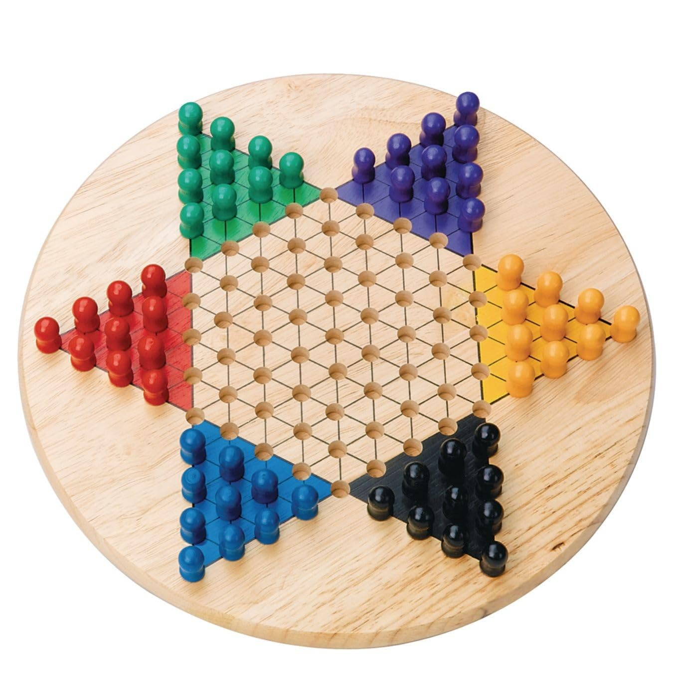 All Wood Chinese Checkers Set. 11" Wood Playing Board with 60 Wooden Play Pegs T