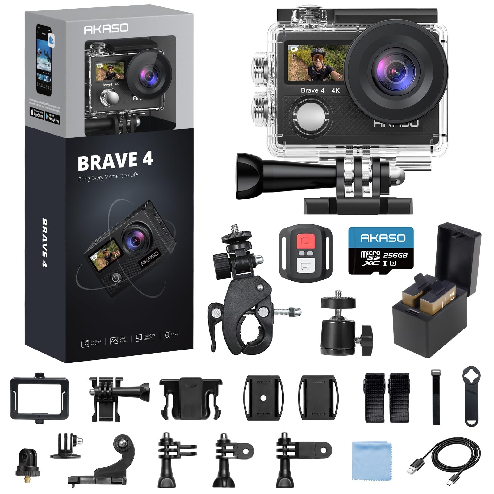 4K Action Camera 256GB Waterproof 131FT AKASO Brave MicroSDXC Card 4K30FPS 20MP