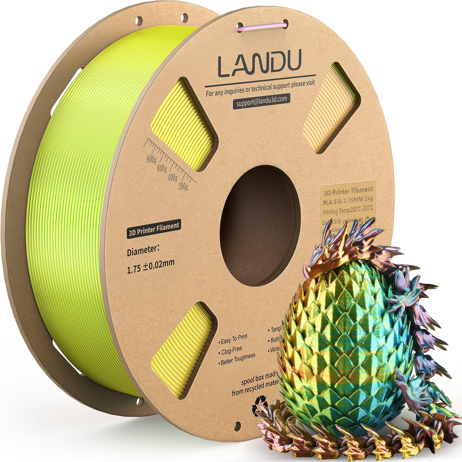LANDU Silk Tri-Color PLA Filament 1KG, Tri Color Pla-yellow Pink Blue 