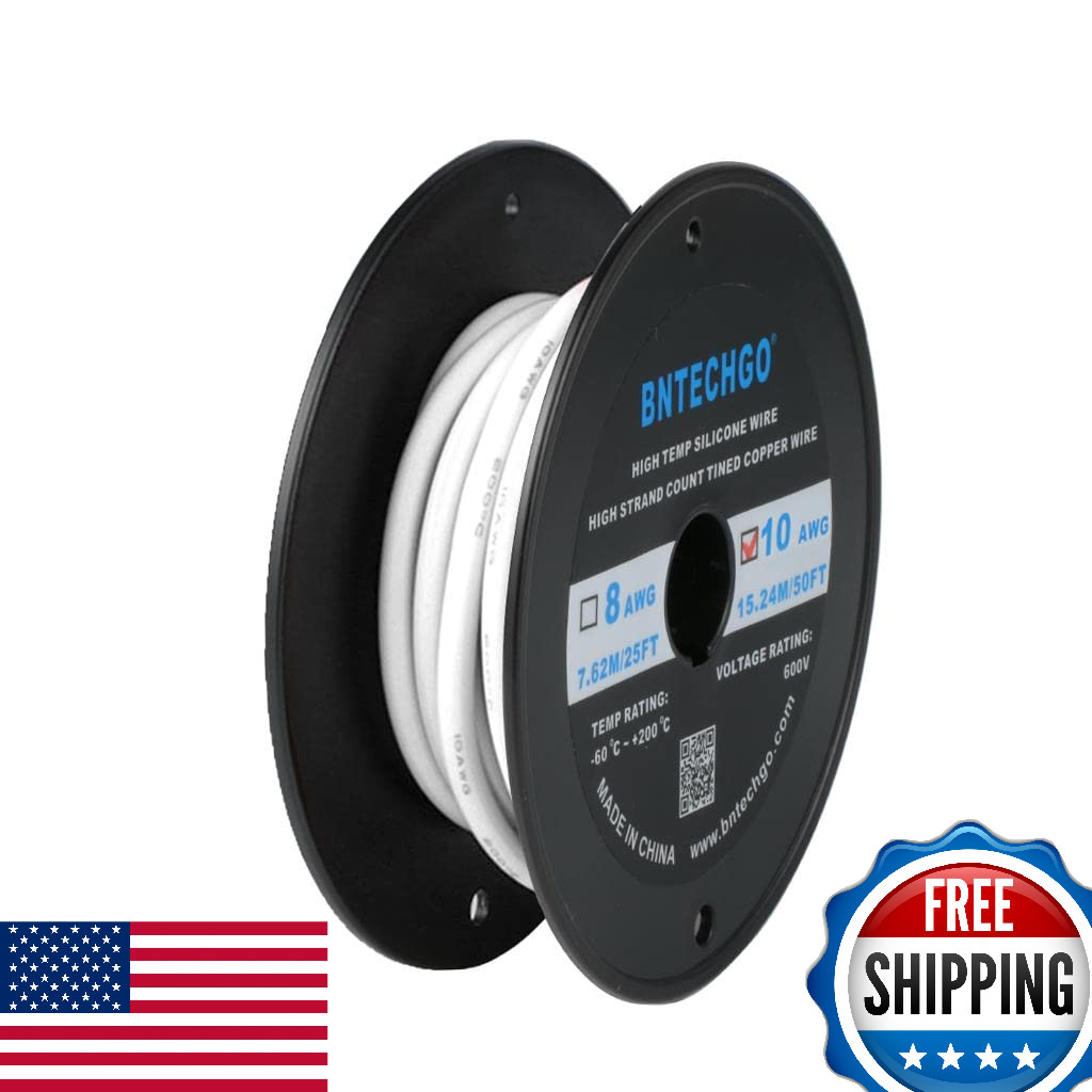 BNTECHGO 10 Gauge Silicone Wire Spool 50 ft White Flexible 10 AWG Stranded Tinne