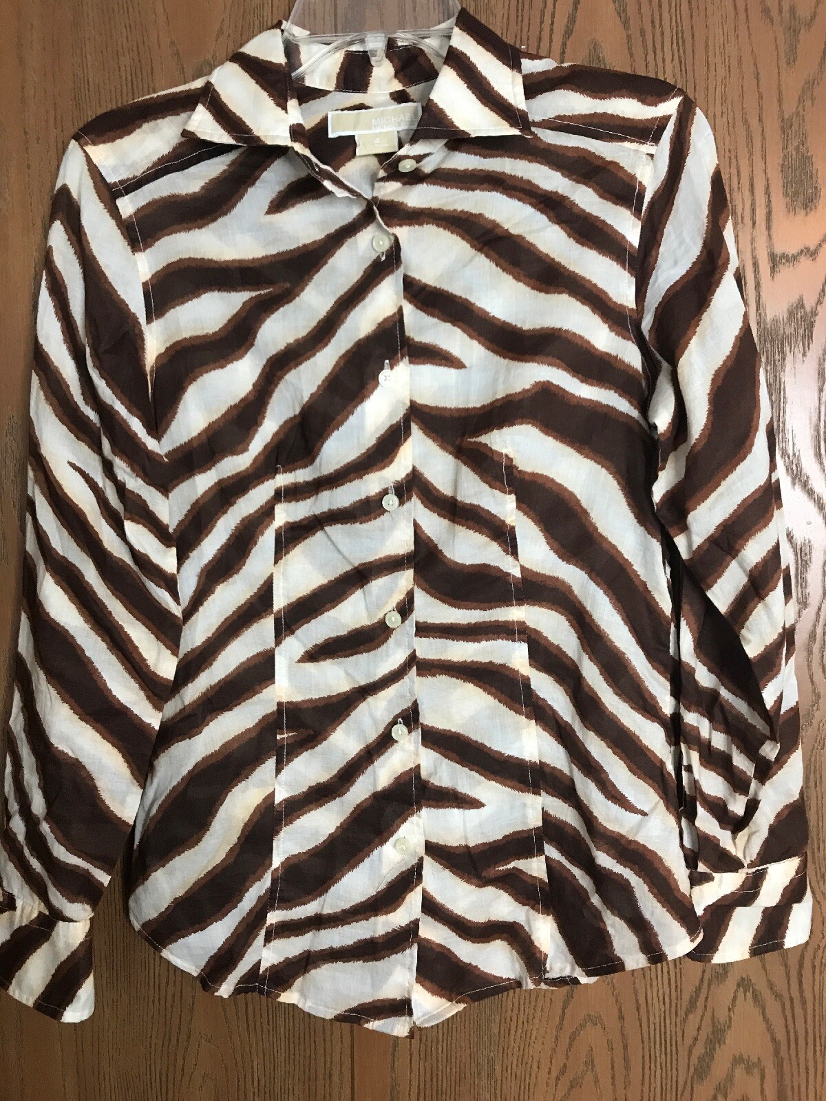 MICHAEL KORS BLOUSE NEAR SHEER COTTON ZEBRA in BROWN PATTERN SZ 6