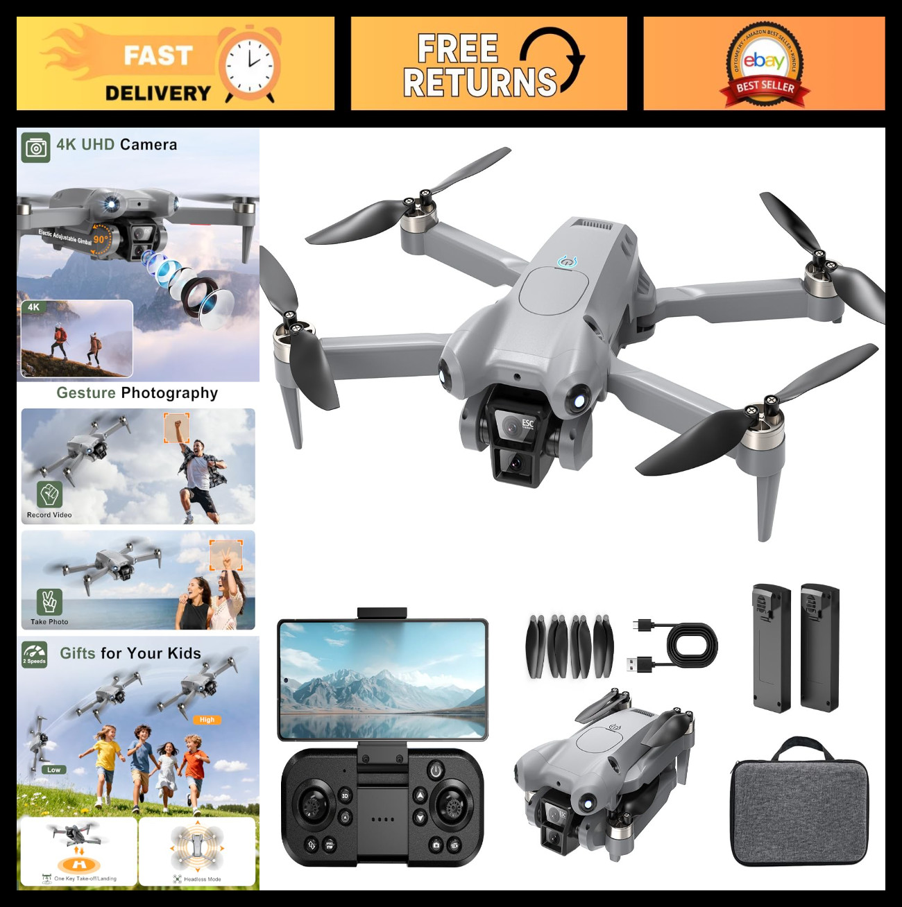 4K Camera Drone with Brushless Motors, 40min Flight Time, FPV Foldable Quadcopte