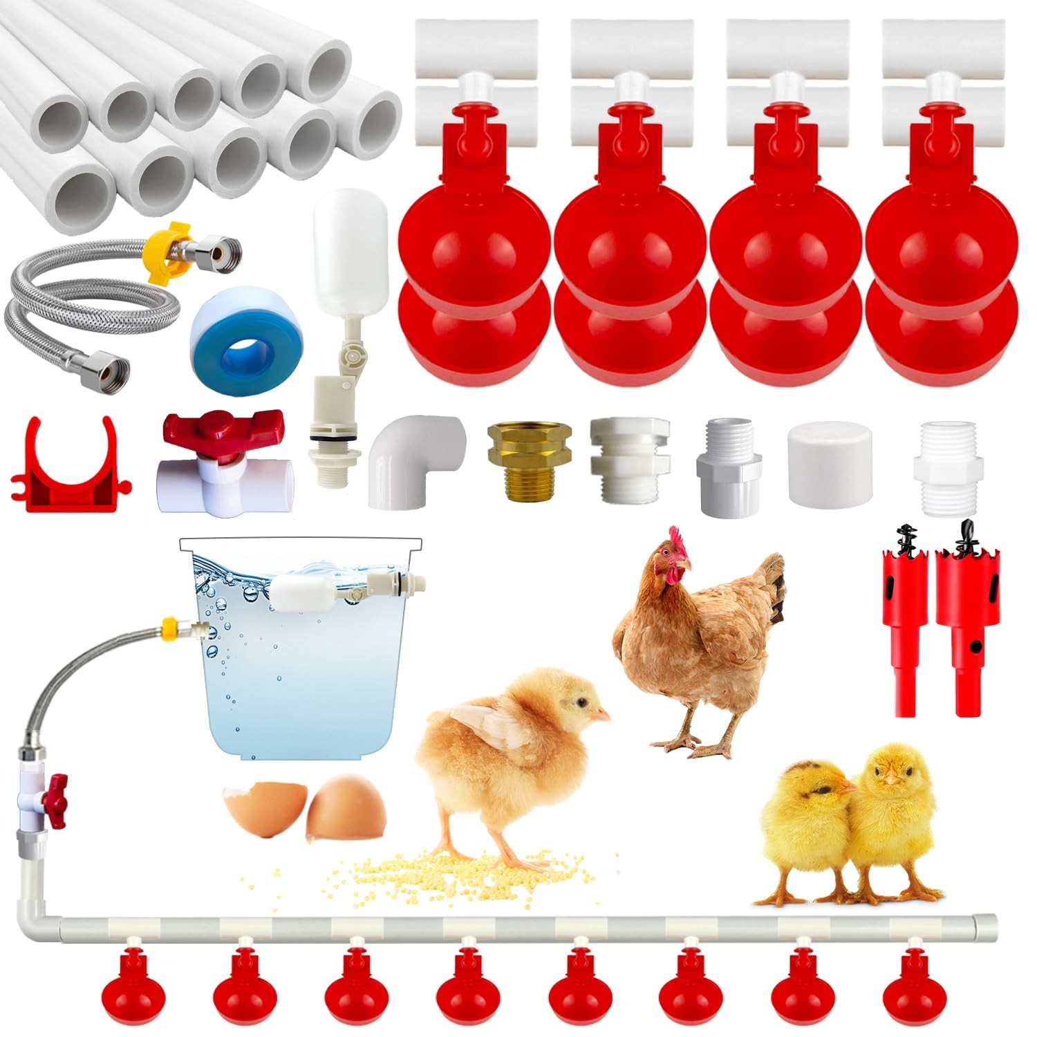 Automatic Chicken Waterer System (46 Accessories Included), Complete PVC Pipe...