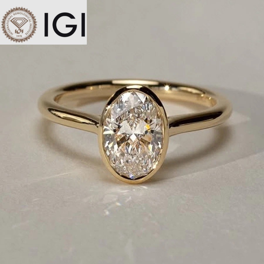 Womens Bezel Ring IGI 2Ct Oval Certified Lab Grown Diamond Solid 14K Yellow Gold