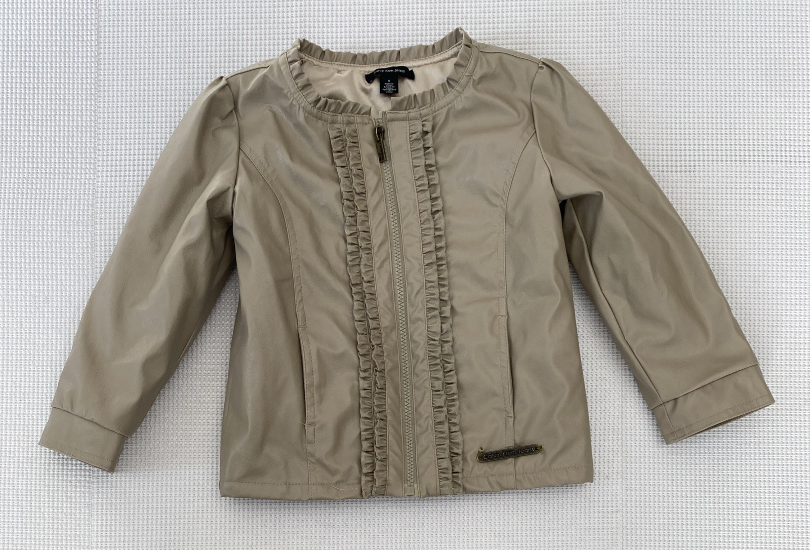 Calvin Klein Girls Coat Jacket Size 5 Imitation Leather Tan Ruffles Dressy Zip