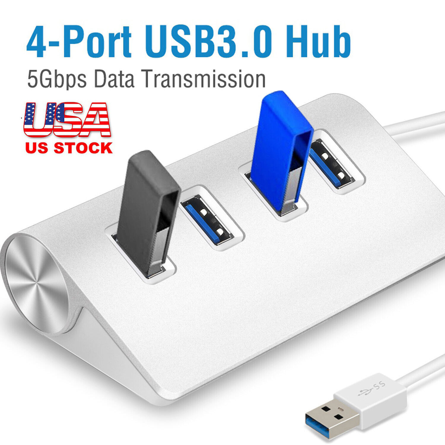 Aluminum 4 Port USB 3.0 Hub 5Gbps High Super Speed Adapter Cable For PC Laptop