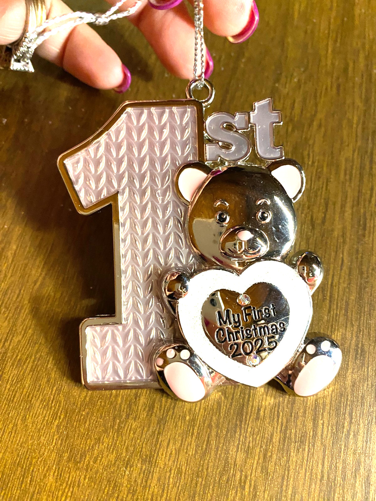 Pink Enamel Metal Bear 2025 Baby's First Christmas Ornament 3"