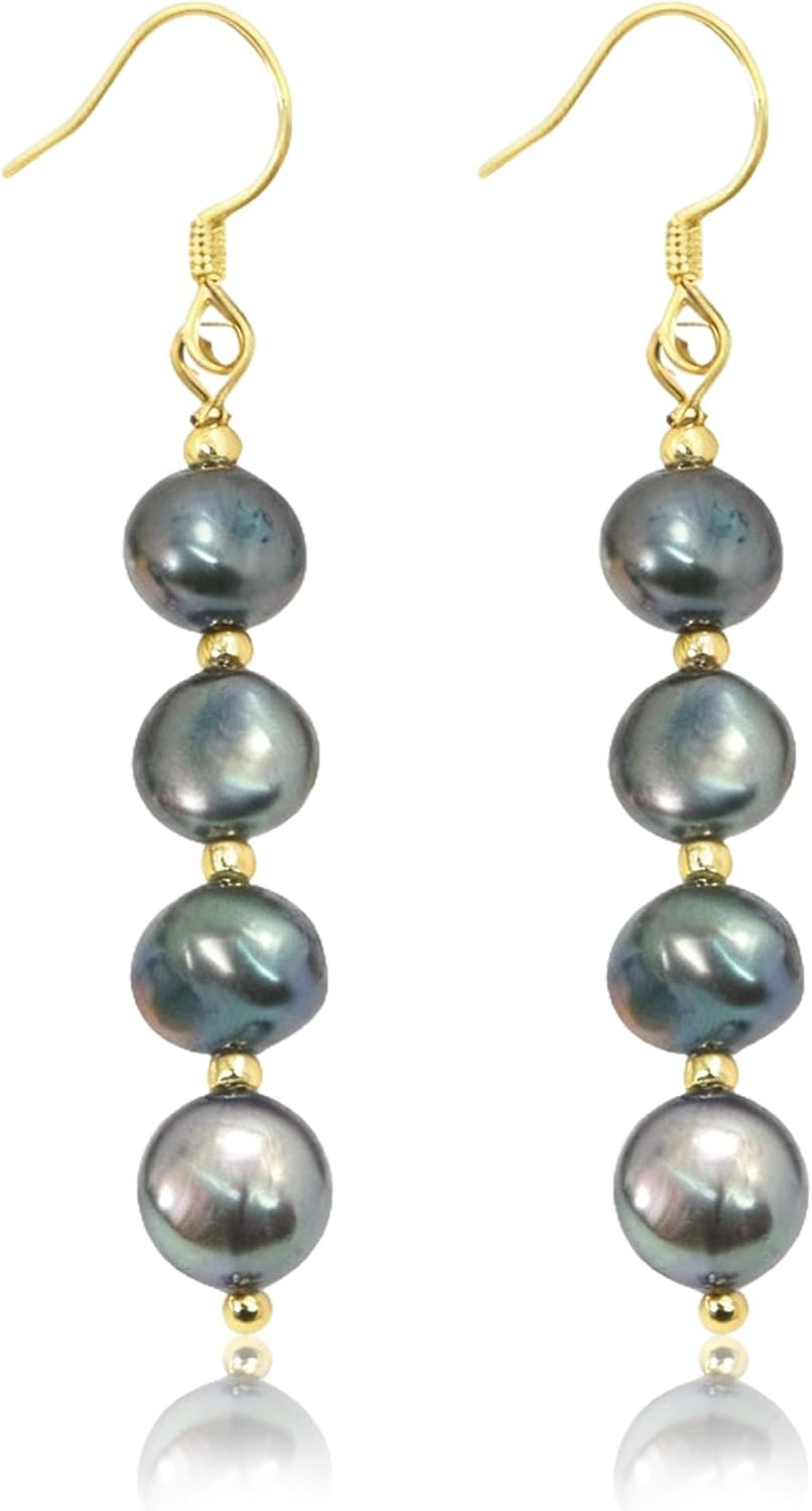 Handmade Tahitian Baroque Seawater Black Pearl Drop Earrings for Women , Black P