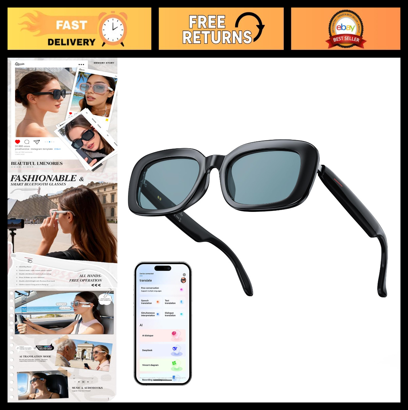 Smart Bluetooth Sunglasses for Men & Women, UV Protection, Hands-Free Calls & Mu