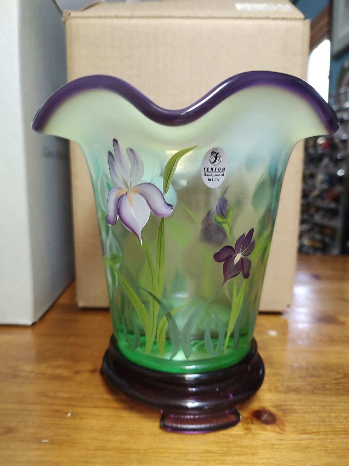 Fenton Designer Showcase Series Willow Green Opalescent Hand Painted Iris Vase